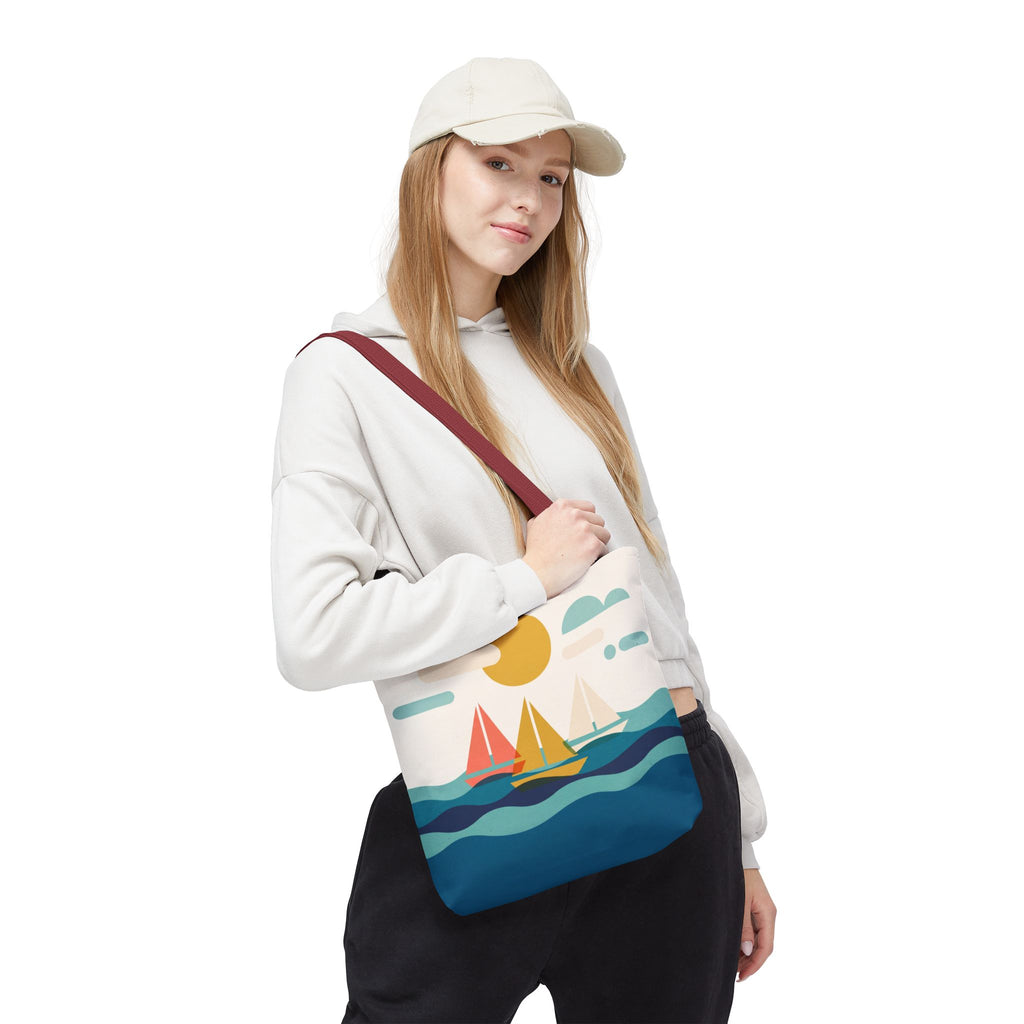 Minimalist Sailboat Tote Bag – Mid-Century Modern Ocean Waves Beach Bag