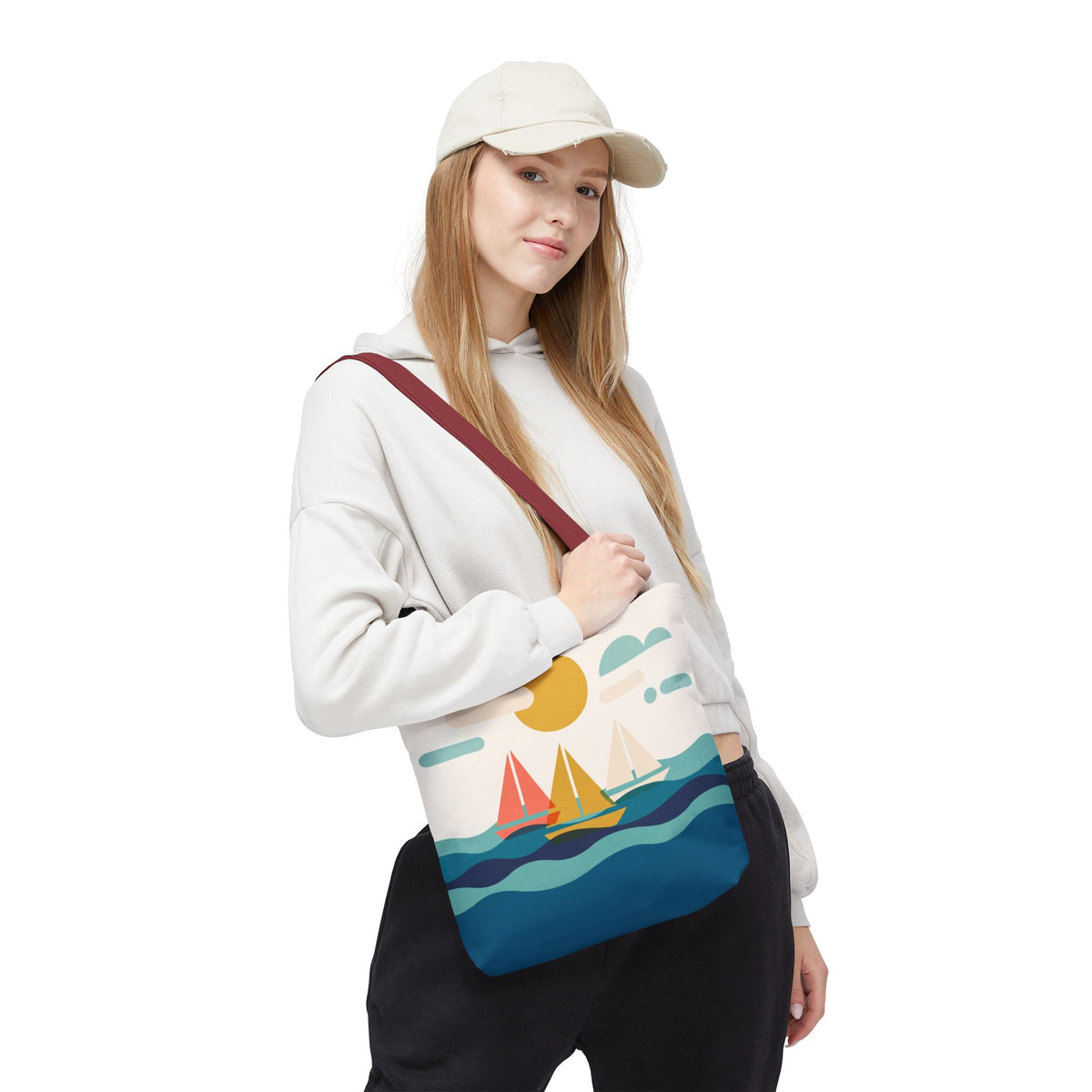 Minimalist Sailboat Tote Bag – Mid-Century Modern Ocean Waves Beach Bag