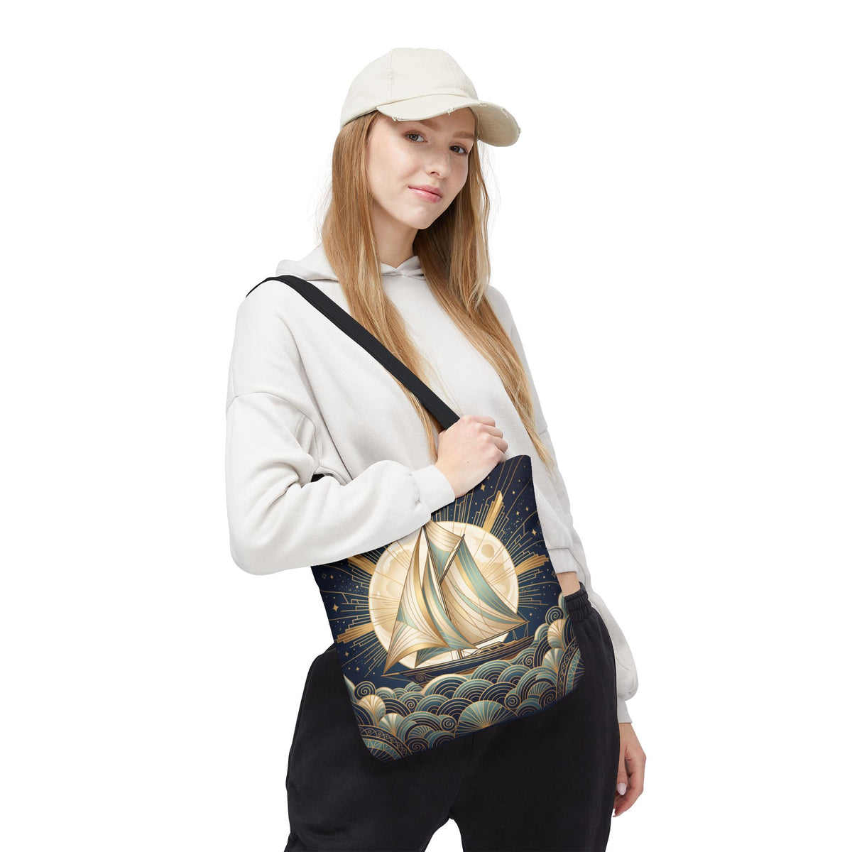 Art Deco Moonlit Sailboat Tote Bag – Starry Night Nautical Beach Bag
