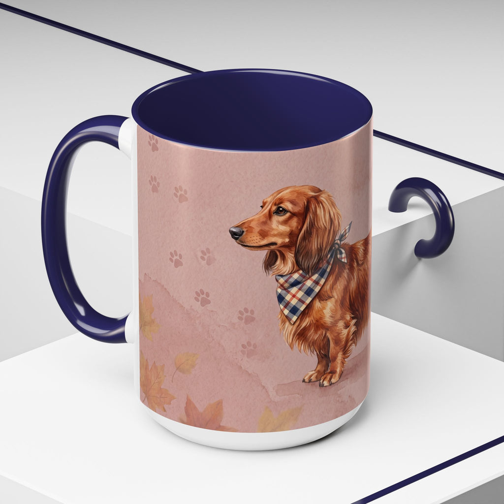 Dachshund Lover Mug | Long-Haired Wiener Dog with Plaid Bandana, Dusty Rose Watercolor Dog Gift