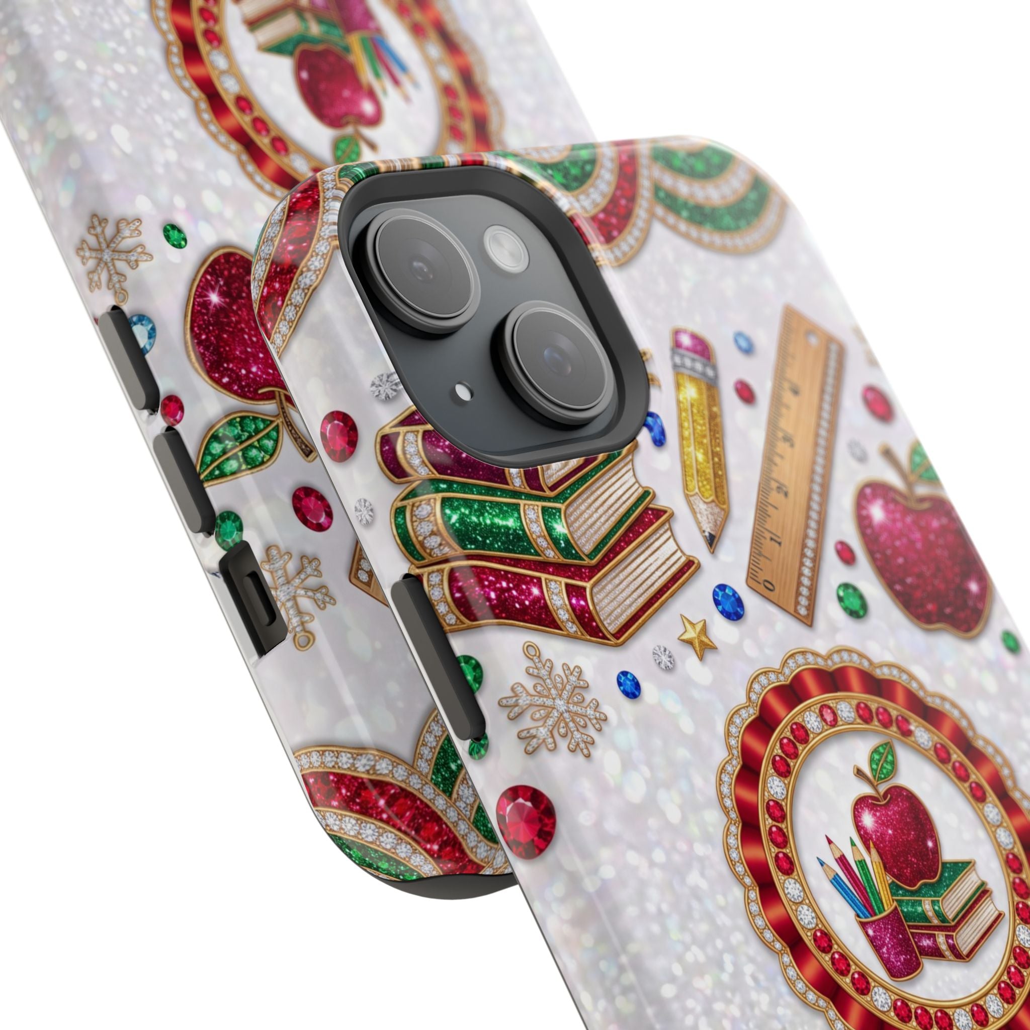 Jeweled Apple Medallion Personalized Teacher Phone Case — Wireless Charging Cover