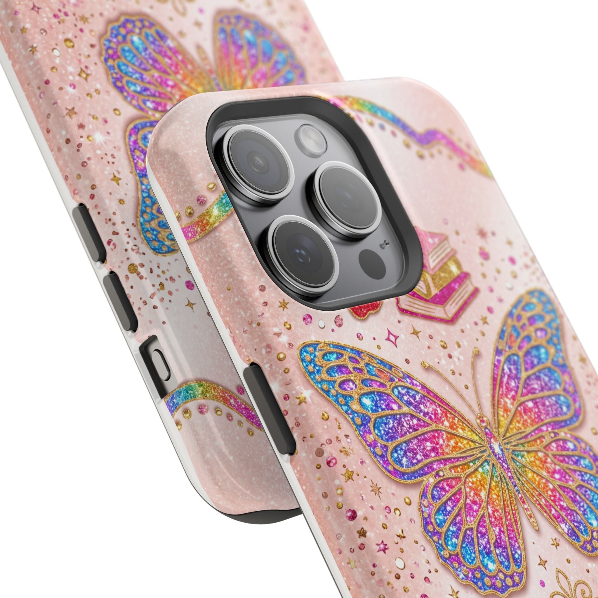 Blush Glitter Butterfly Personalized Teacher Phone Case — Wireless Charging Cover