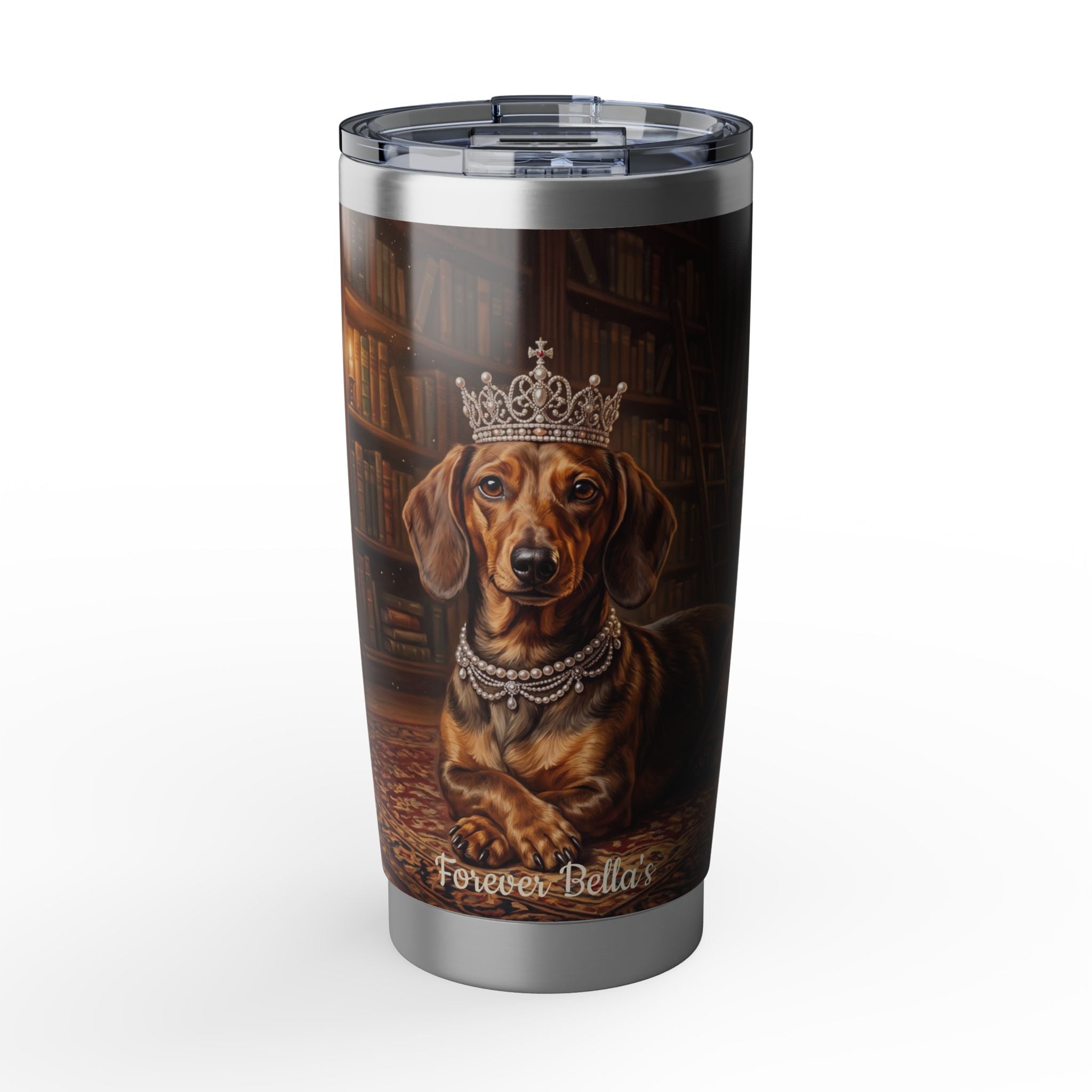 Dachshund Royal Portrait Stainless Tumbler — 20 oz Personalized Travel Mug with Vintage Library Design
