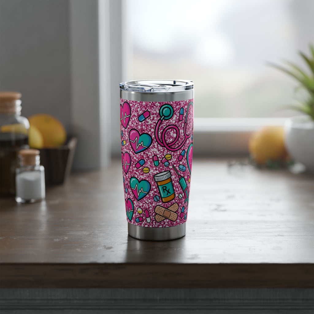Personalized Nurse Tumbler – Custom Name Pink Glitter Heart Design 20 oz