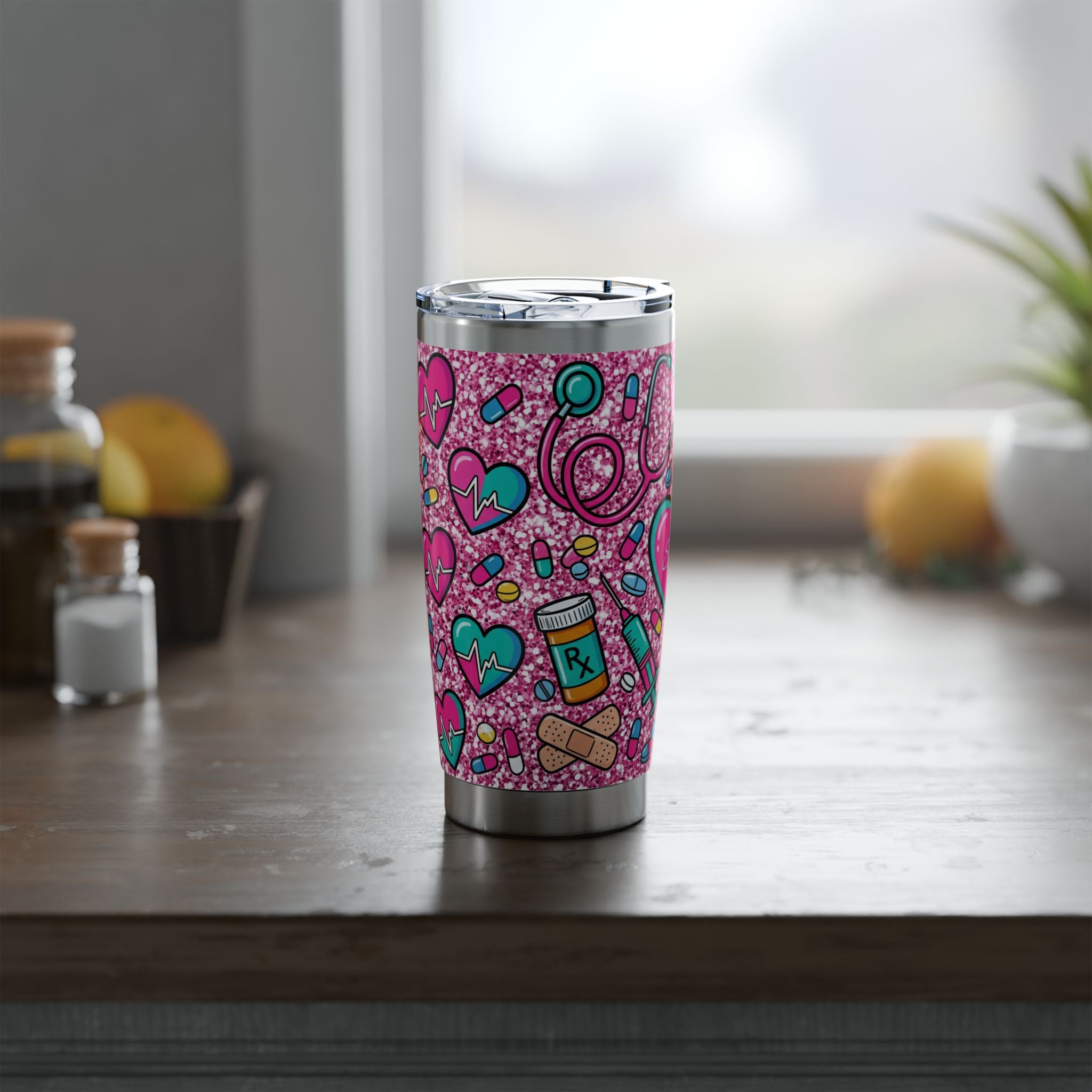 Personalized Nurse Tumbler – Custom Name Pink Glitter Heart Design 20 oz