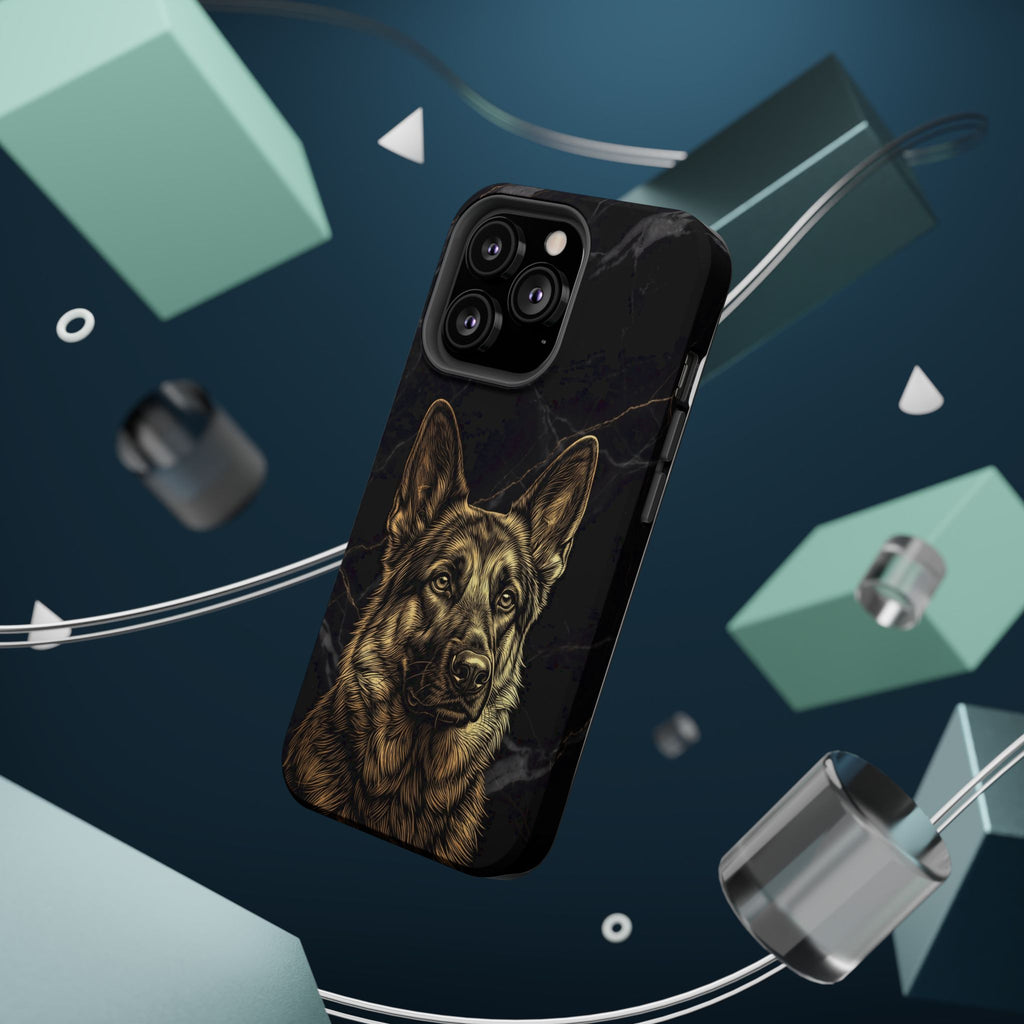 German Shepherd Phone Case | Black Marble Gold Sketch Art — Tough Magnetic Case with Wireless Charging