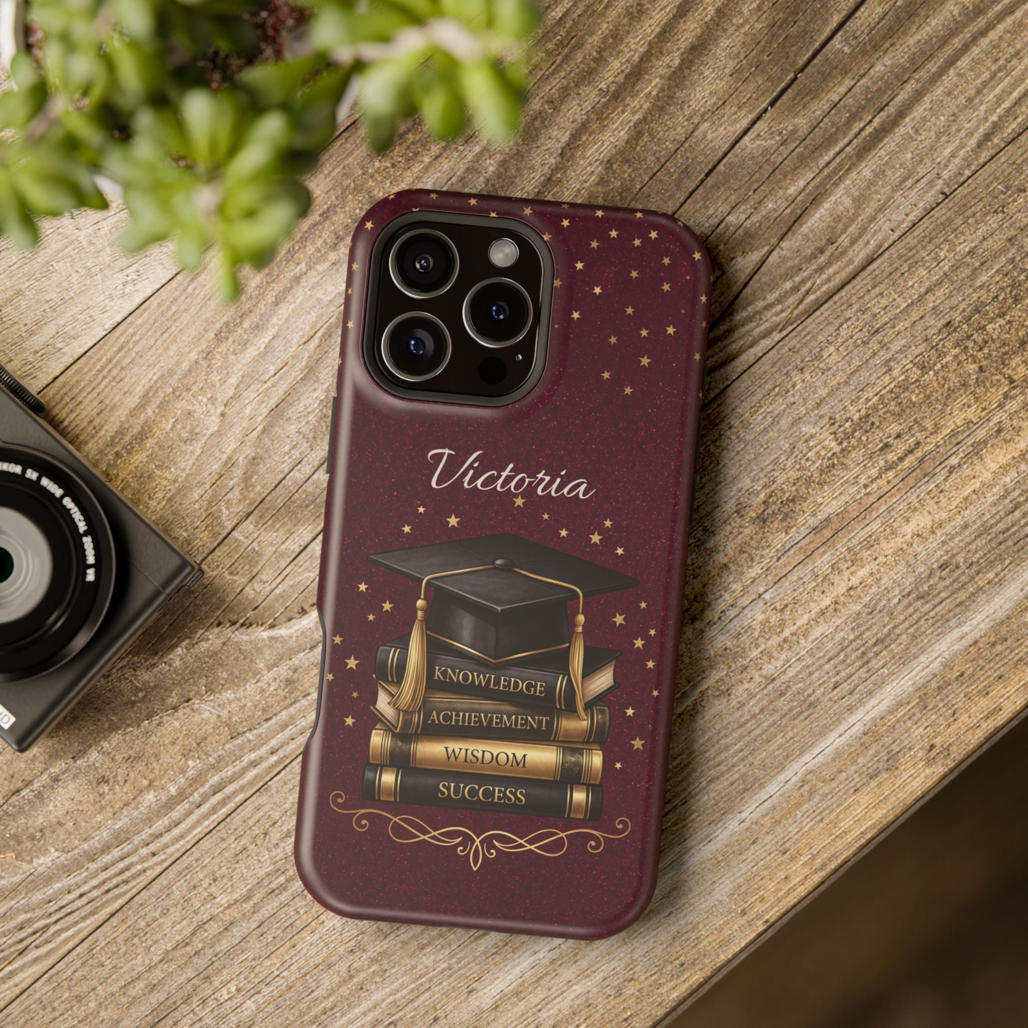 Graduation Cap & Books Personalized Teacher Phone Case — Wireless Charging Cover