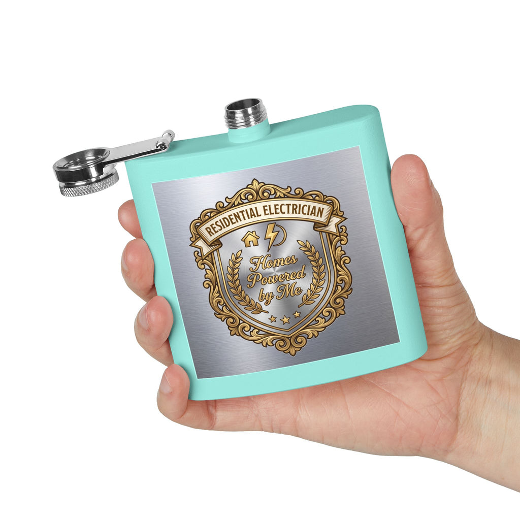 Flask — "Residential Electrician: Homes Powered by Me" (Crest Edition) 6oz Stainless Steel Hip Flask
