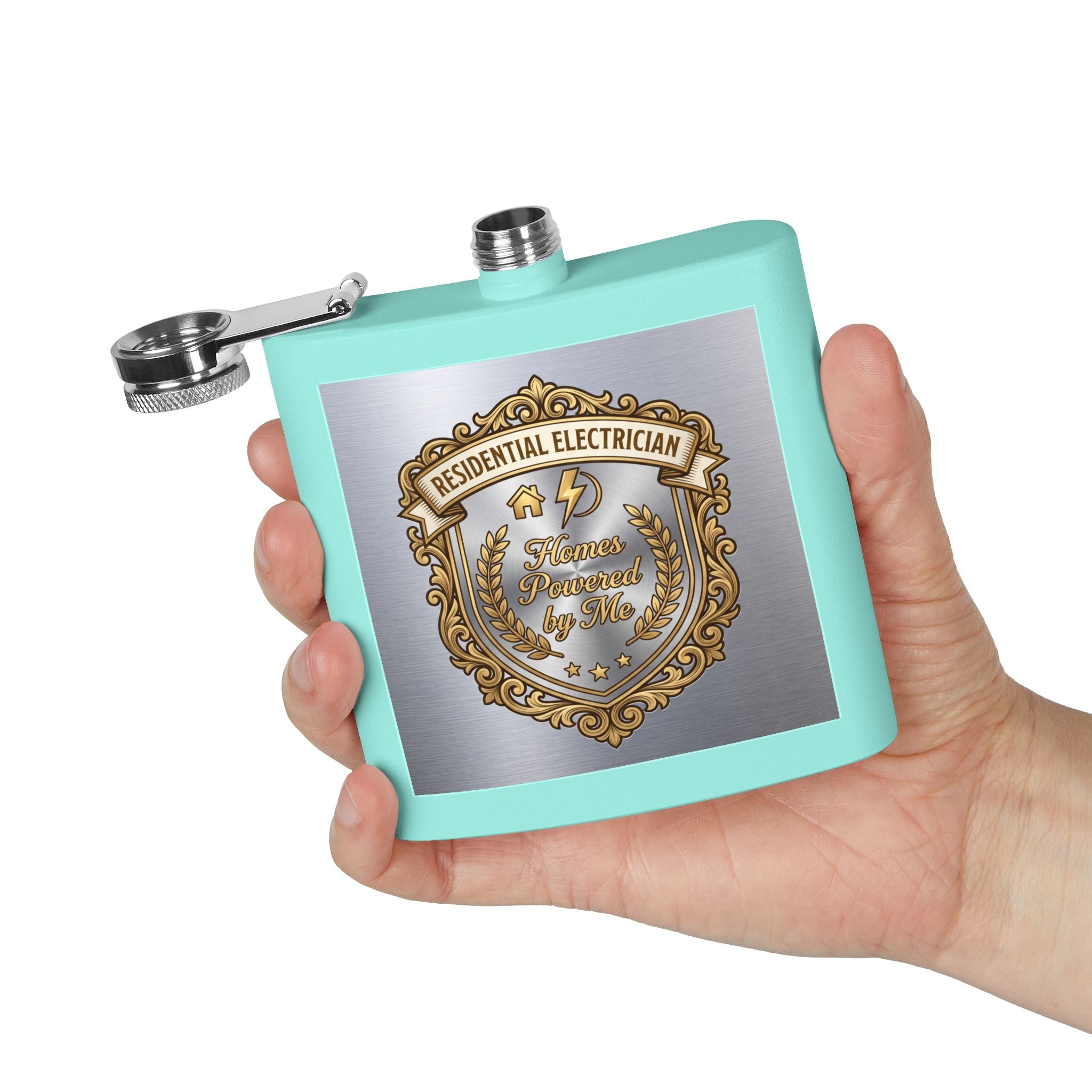 Flask — "Residential Electrician: Homes Powered by Me" (Crest Edition) 6oz Stainless Steel Hip Flask