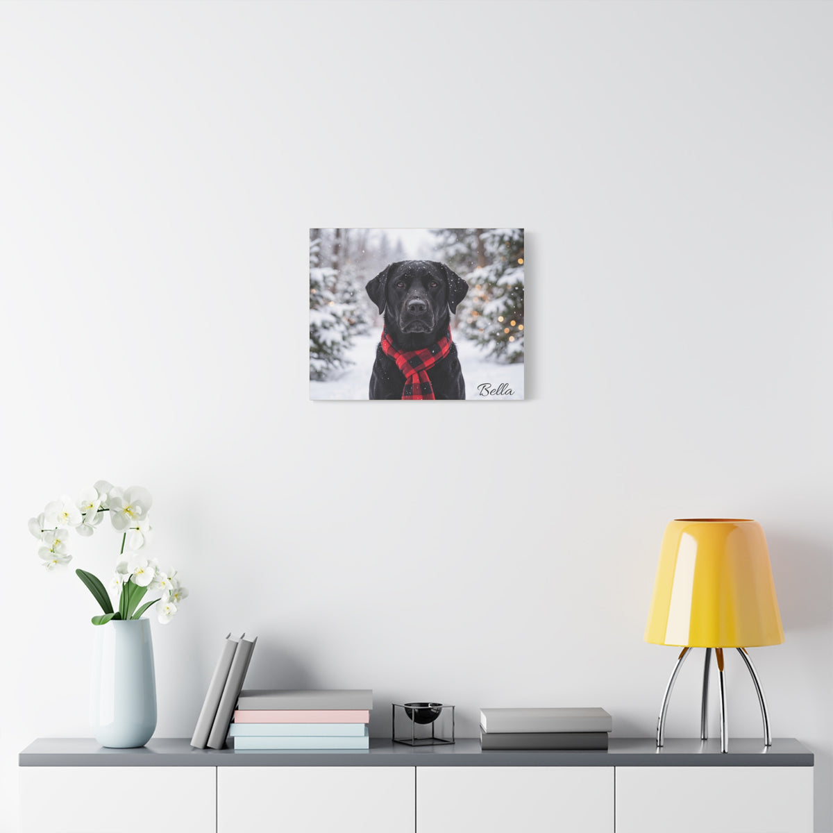 Black Labrador Personalized Canvas | Snowy Christmas Plaid Scarf Wall Art