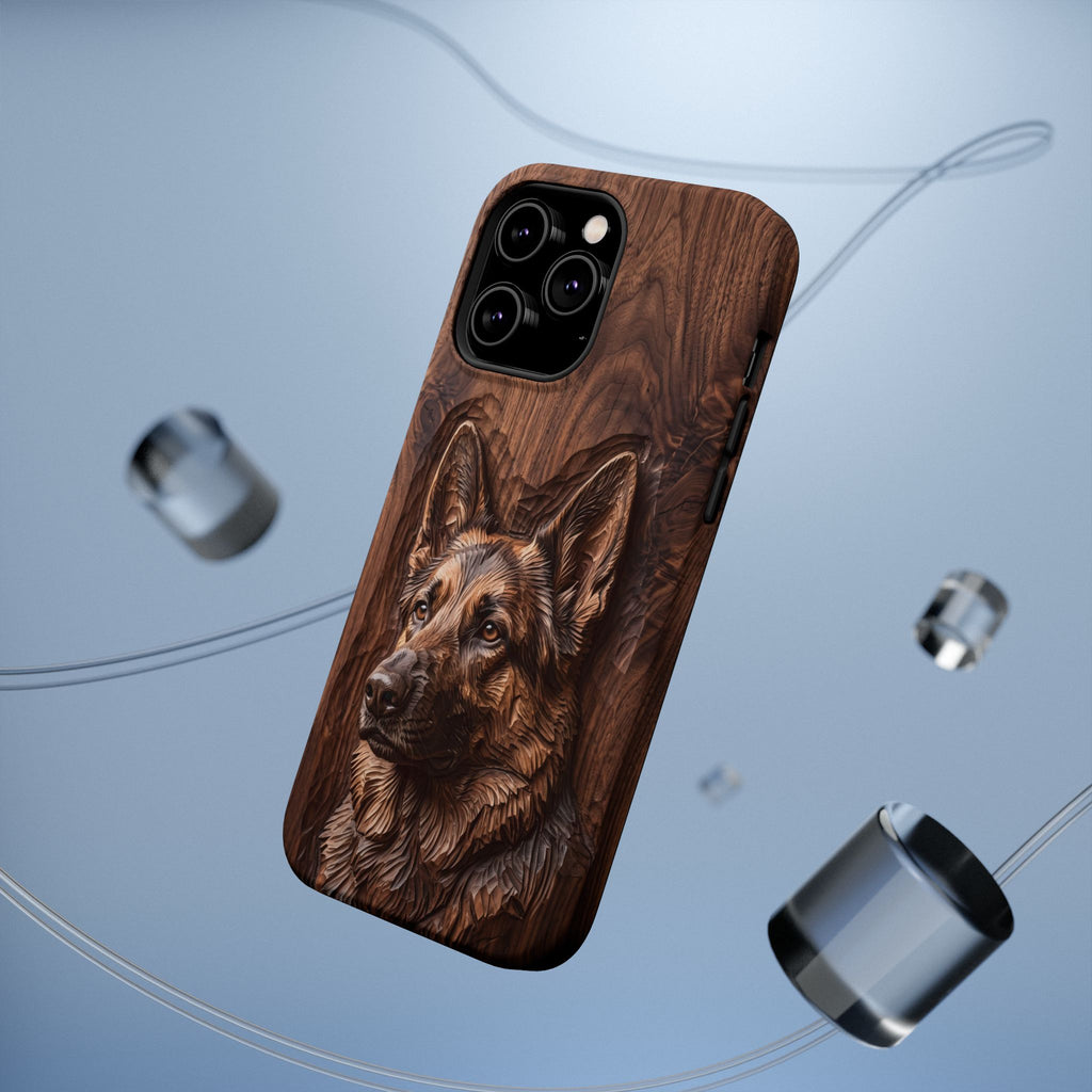 German Shepherd Phone Case | Carved Walnut Art — Tough Magnetic Case with Wireless Charging
