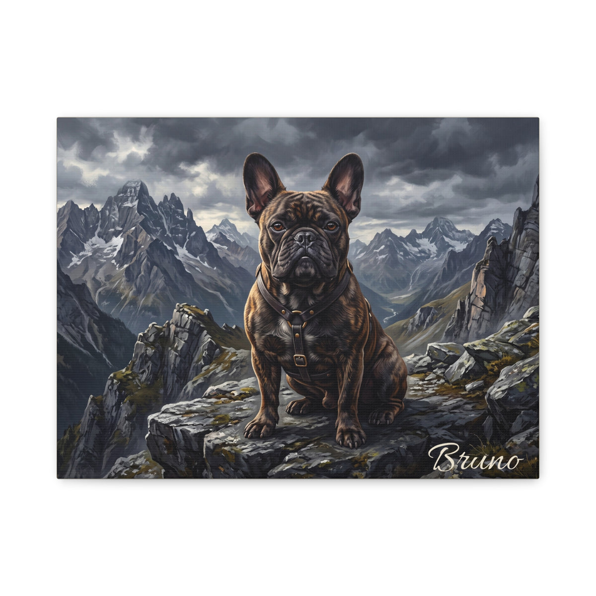 French Bulldog Personalized Canvas | Brindle Frenchie Mountain Summit Wall Art