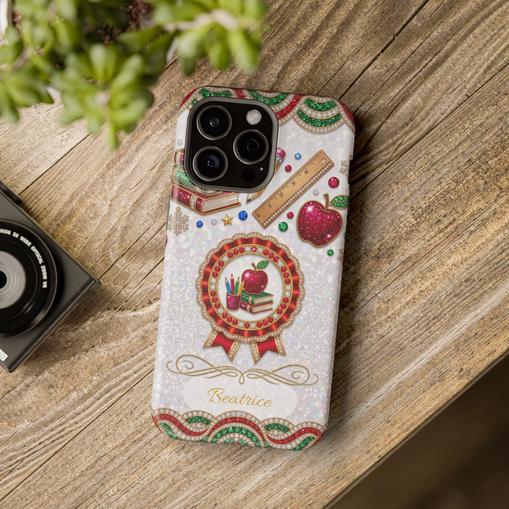 Jeweled Apple Medallion Personalized Teacher Phone Case — Wireless Charging Cover