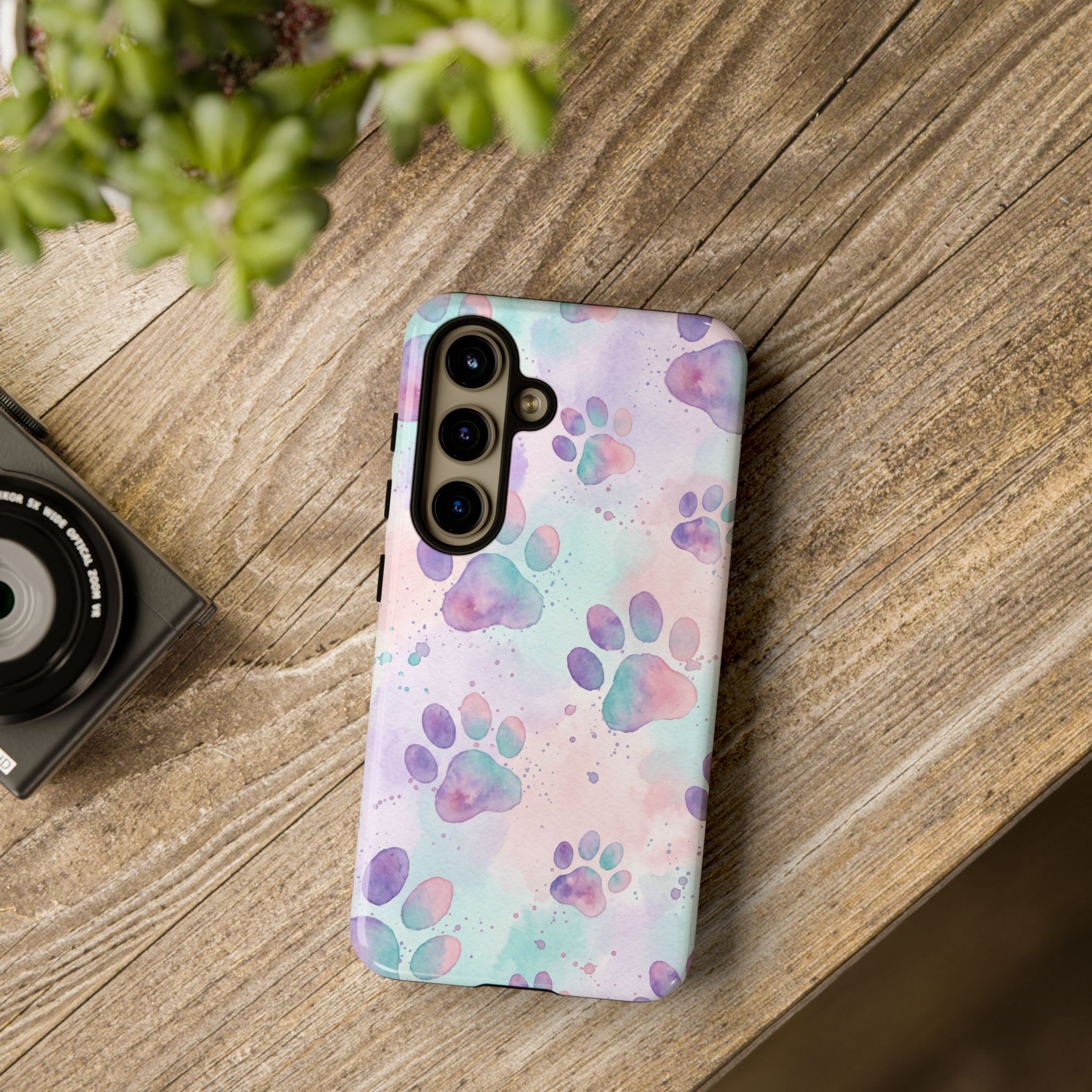 Watercolor Paw Print Phone Case | Pastel Purple, Teal & Pink Artistic Pattern | Samsung & iPhone