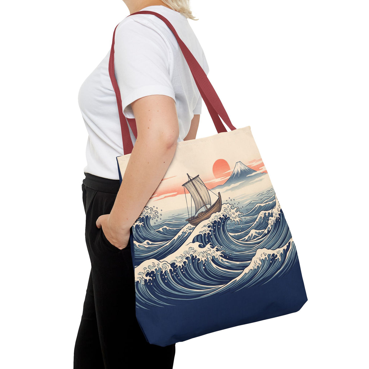 Japanese Wave Sailboat Tote Bag – Woodblock Style Ocean Beach Bag