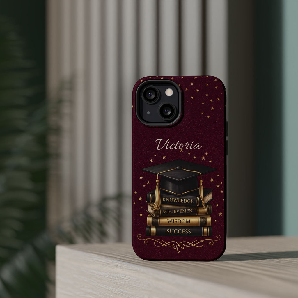 Graduation Cap & Books Personalized Teacher Phone Case — Wireless Charging Cover