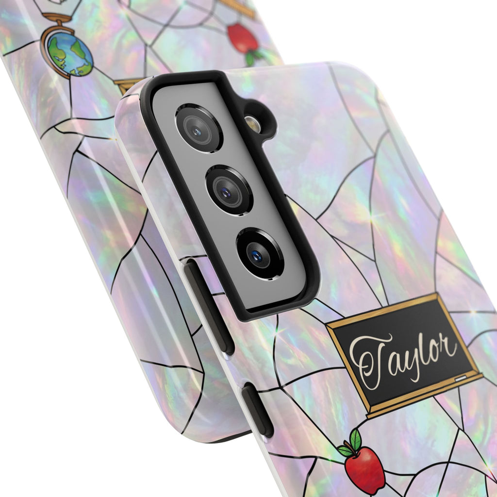 Personalized Teacher Phone Case — Custom Name Stained Glass Classroom Design