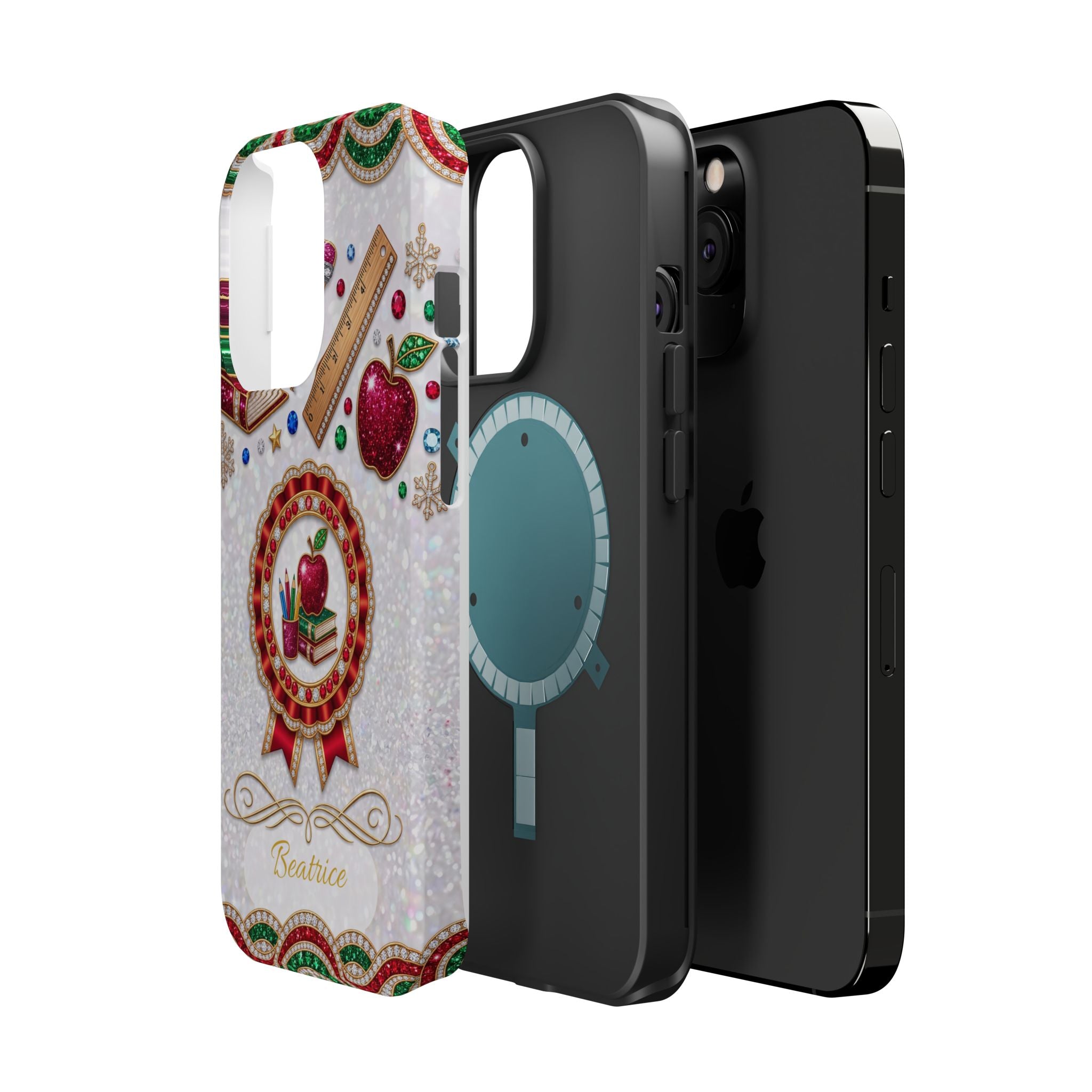 Jeweled Apple Medallion Personalized Teacher Phone Case — Wireless Charging Cover