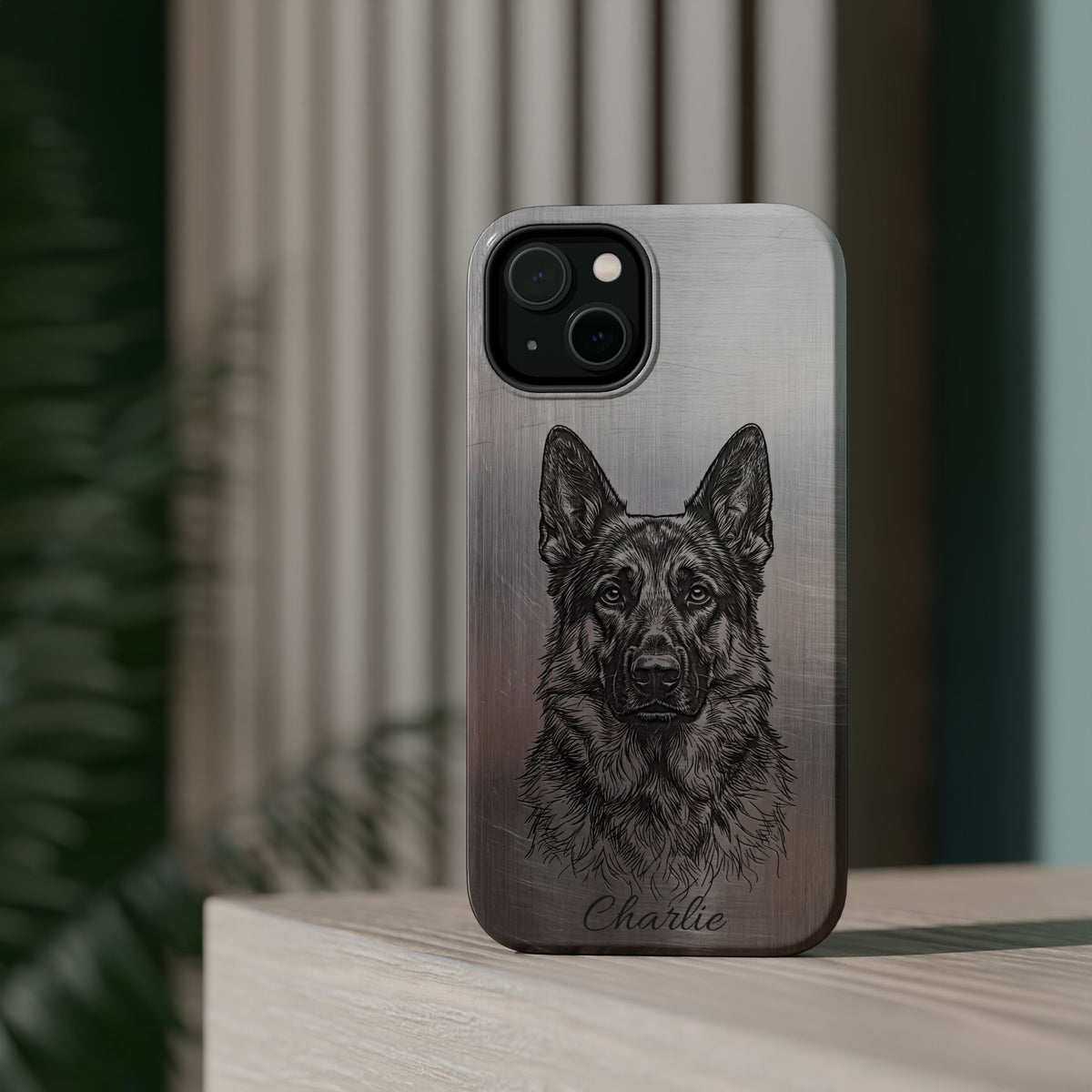 German Shepherd Phone Case | Personalized Etched Silver Art — Tough Magnetic Case with Wireless Charging
