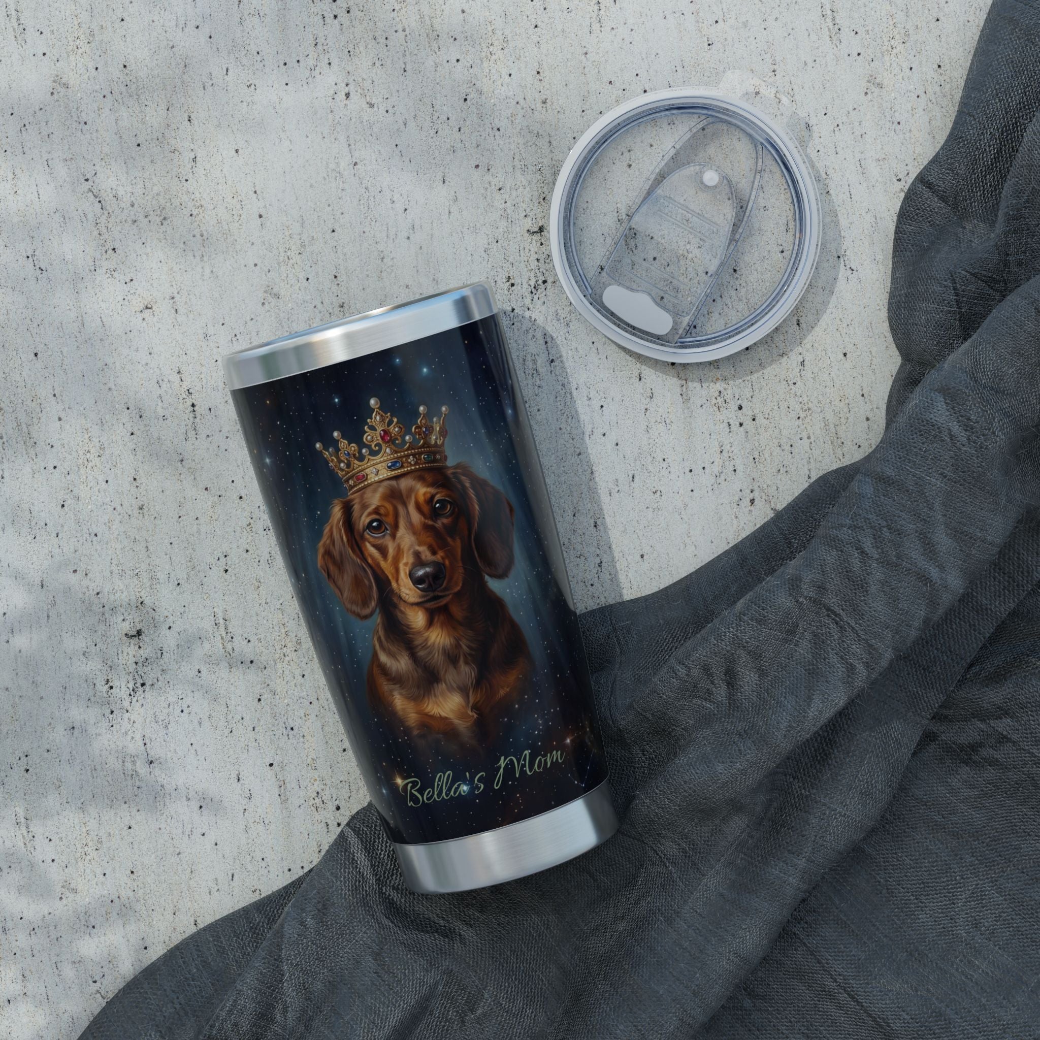 Dachshund King Stainless Tumbler — 20oz Travel Mug with Crowned Dog Galaxy Design
