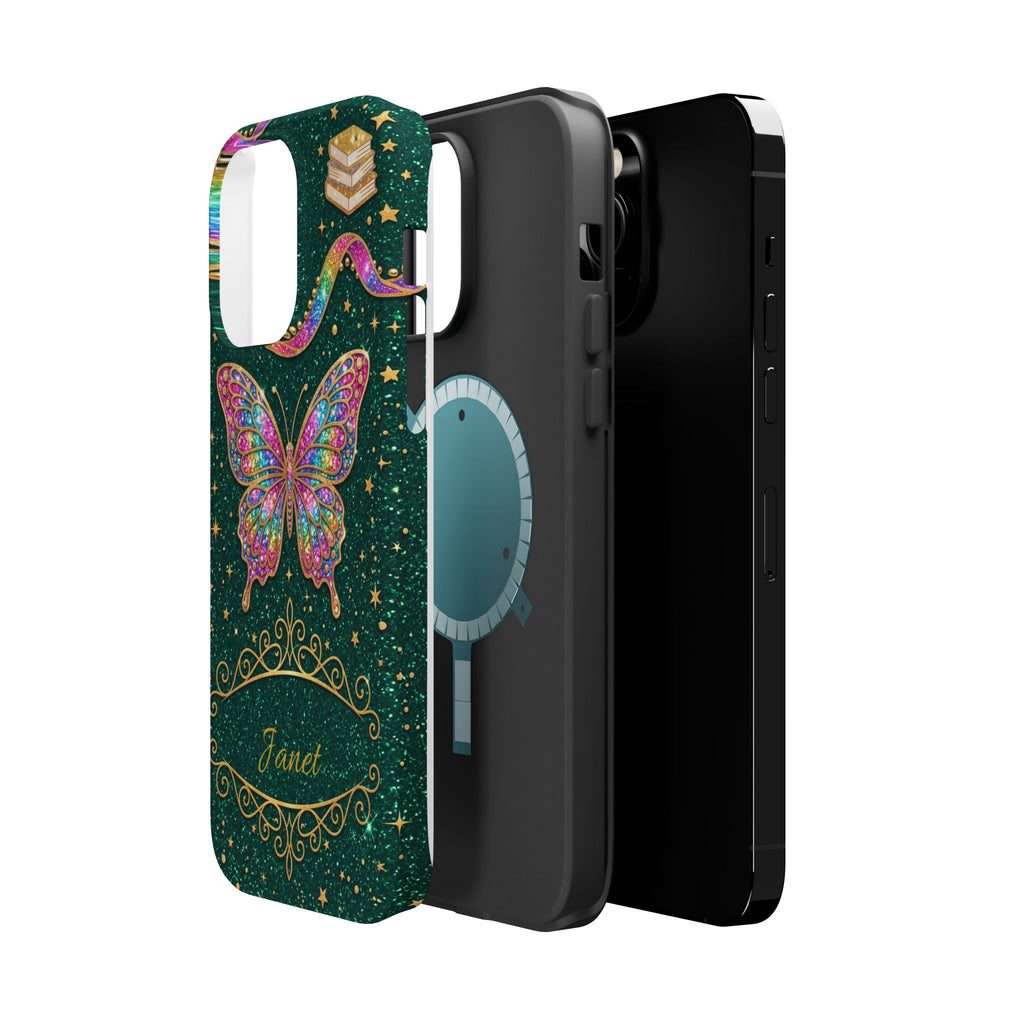 Rainbow Glitter Butterfly Personalized Teacher Phone Case — Wireless Charging Cover