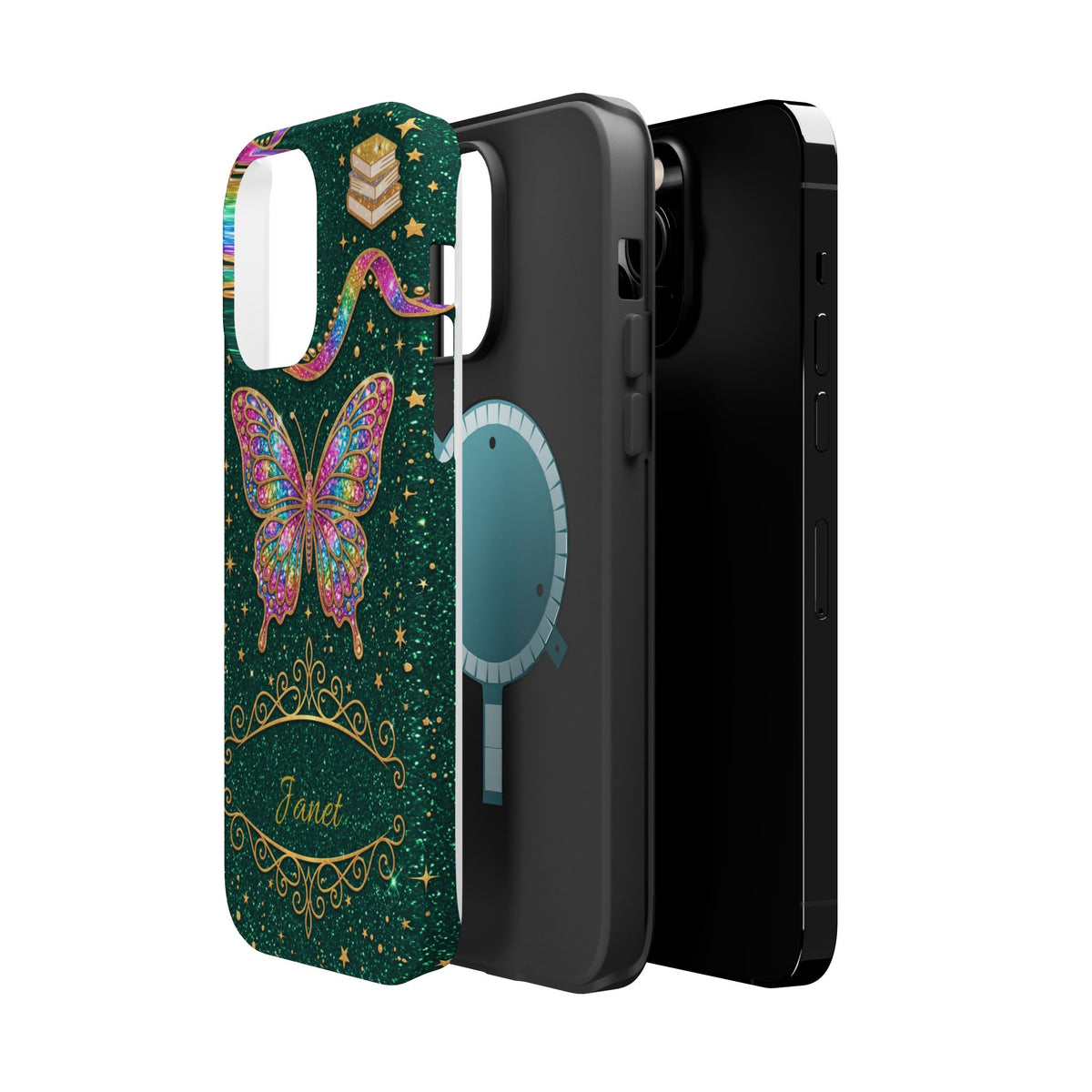 Rainbow Glitter Butterfly Personalized Teacher Phone Case — Wireless Charging Cover