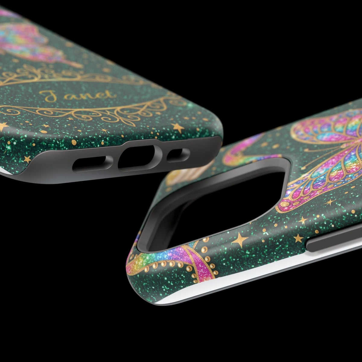 Rainbow Glitter Butterfly Personalized Teacher Phone Case — Wireless Charging Cover