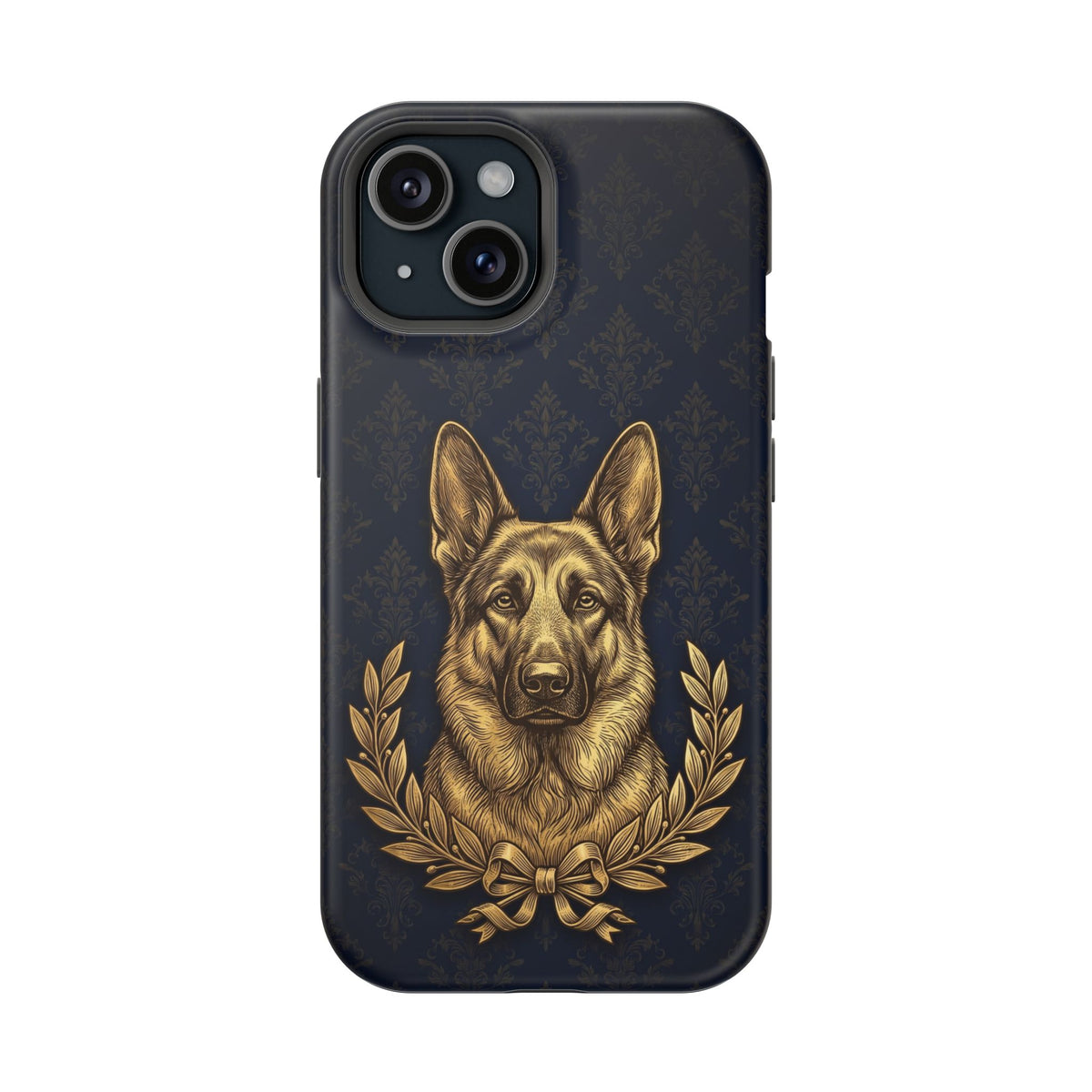 German Shepherd Phone Case | Navy Gold Laurel Art — Tough Magnetic Case with Wireless Charging