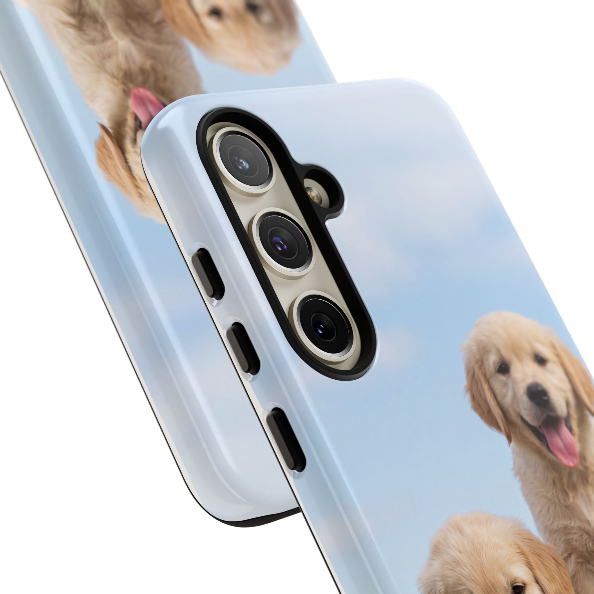 Golden Retriever Puppies on Barrel Phone Case | Cute Duo Under Blue Sky | iPhone & Samsung