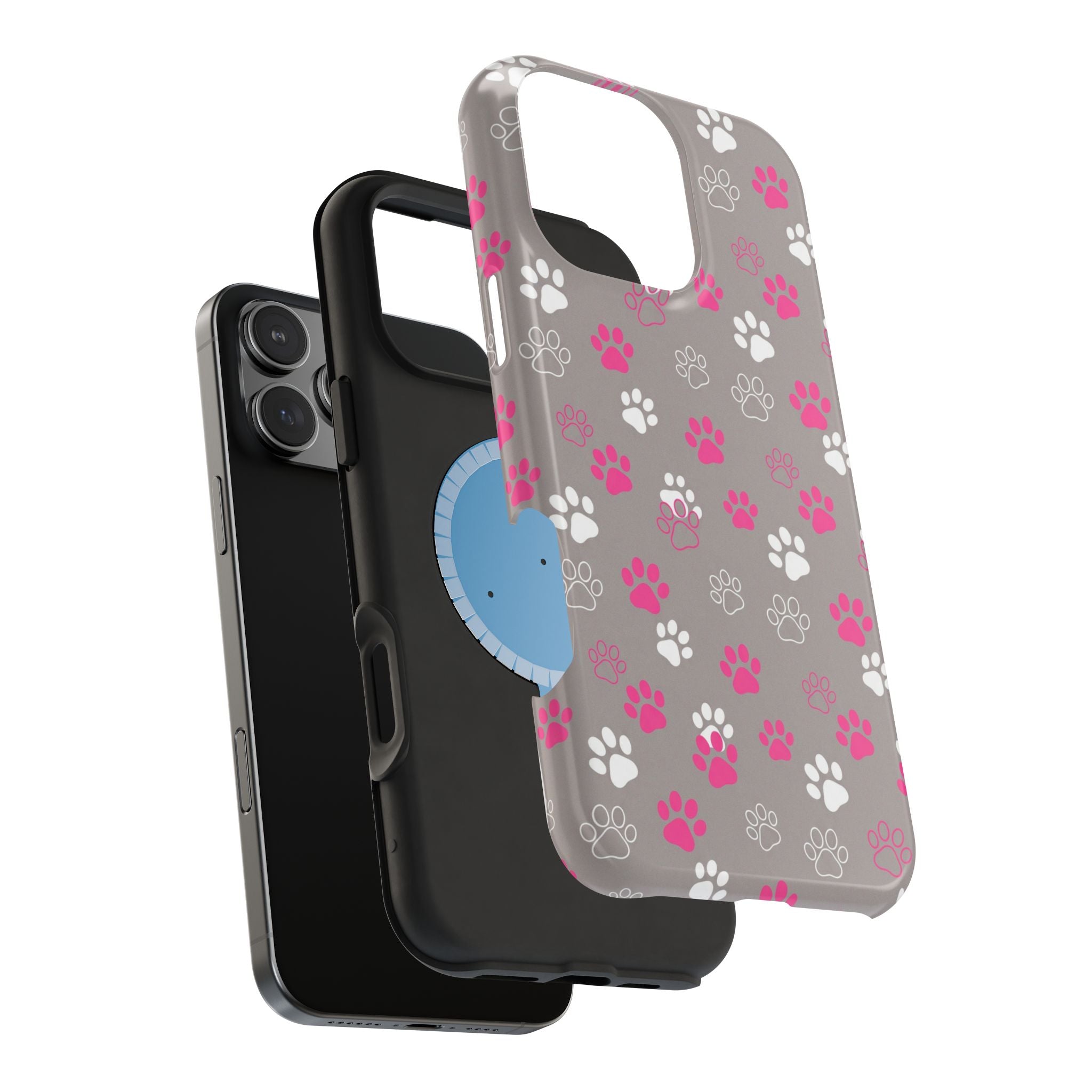 Pink & White Paw Print Phone Case — Impact-Resistant Wireless Charging Cover