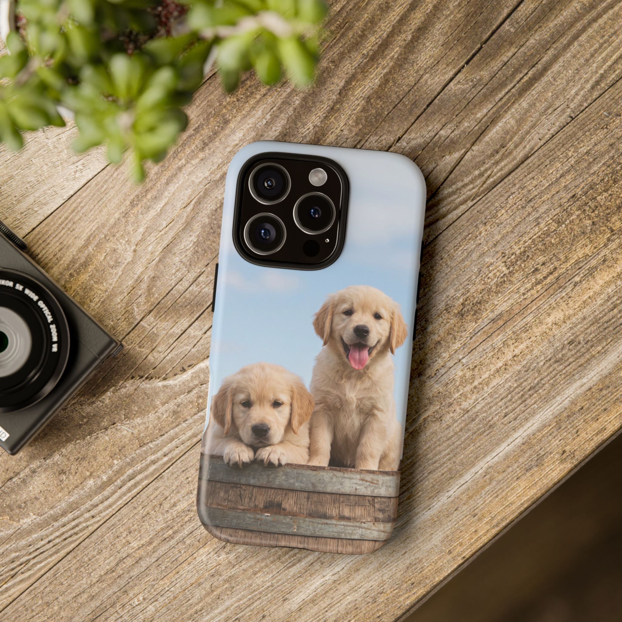 Golden Retriever Puppies on Barrel Phone Case | Cute Duo Under Blue Sky | iPhone & Samsung
