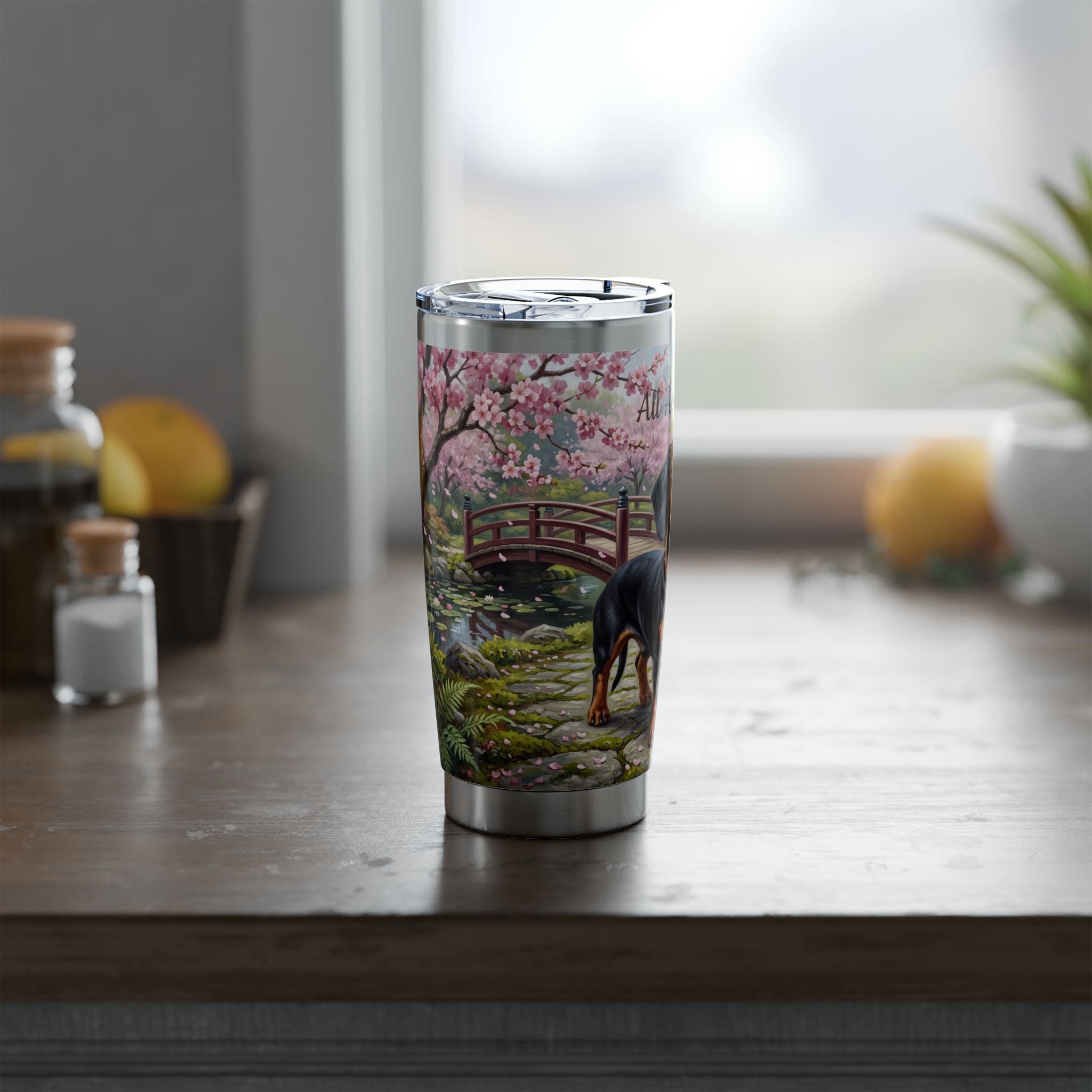 Dachshund Cherry Blossom Stainless Tumbler — 20 oz Personalized Travel Mug with Black & Tan Garden Design