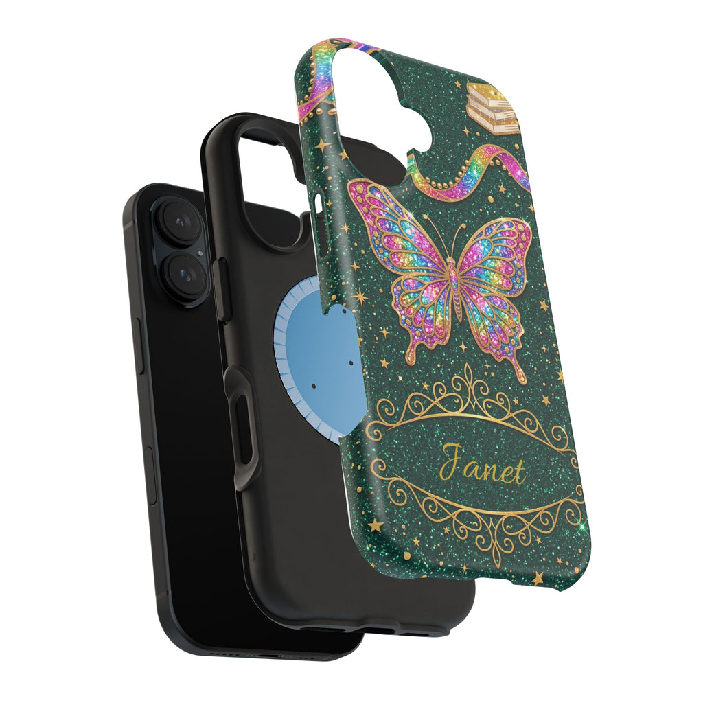 Rainbow Glitter Butterfly Personalized Teacher Phone Case — Wireless Charging Cover
