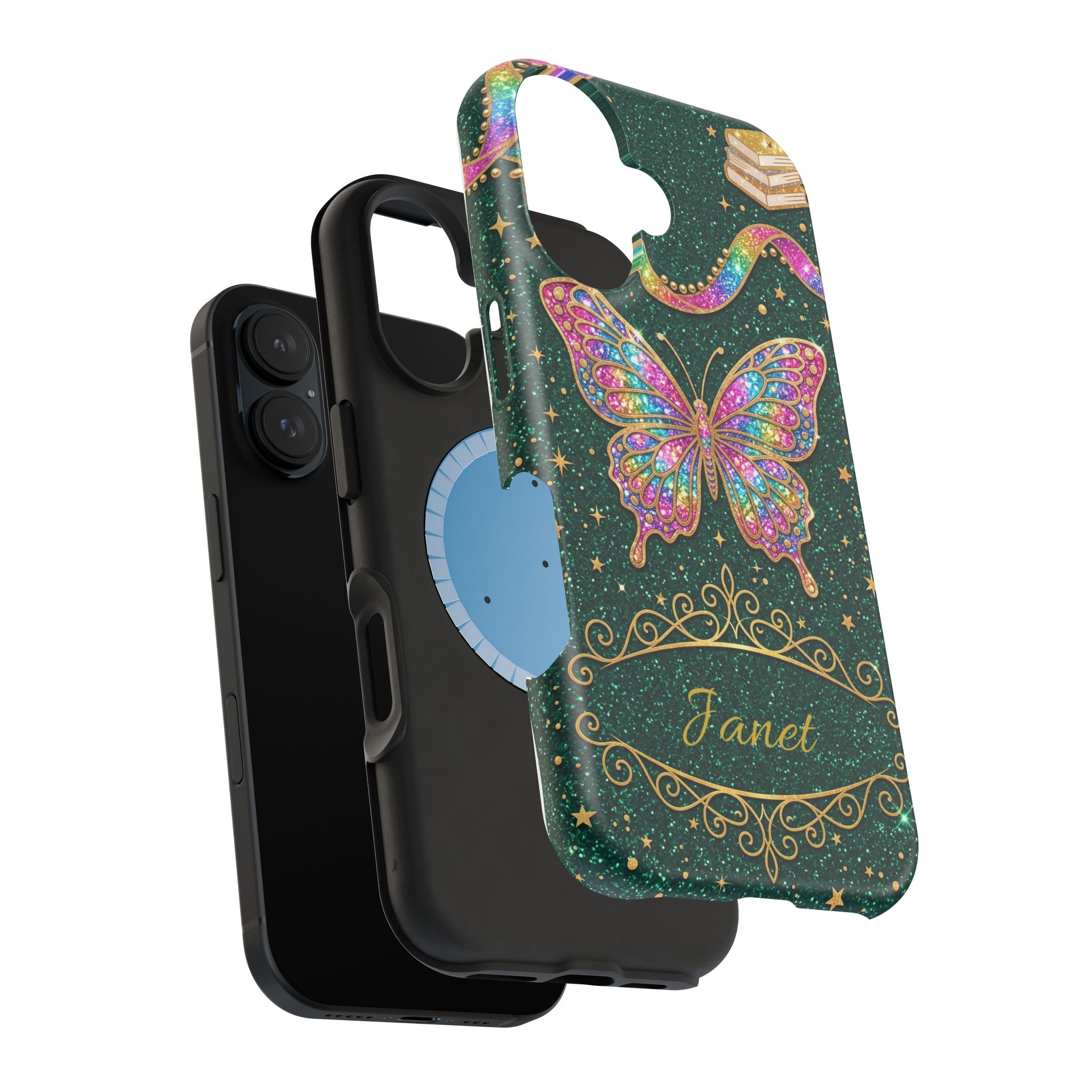 Rainbow Glitter Butterfly Personalized Teacher Phone Case — Wireless Charging Cover