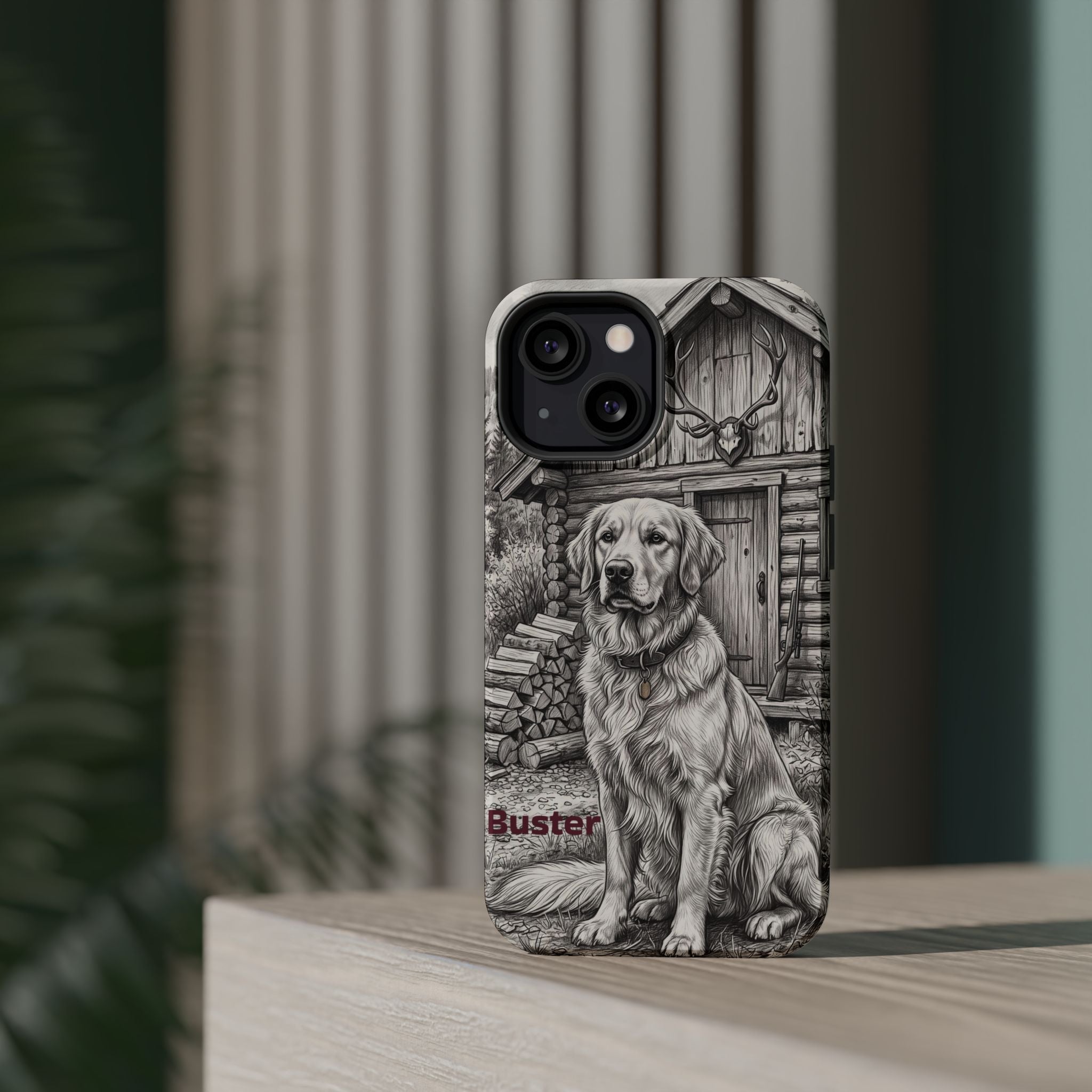 Personalized Golden Retriever Cabin Porch Phone Case — Wireless Charging Cover
