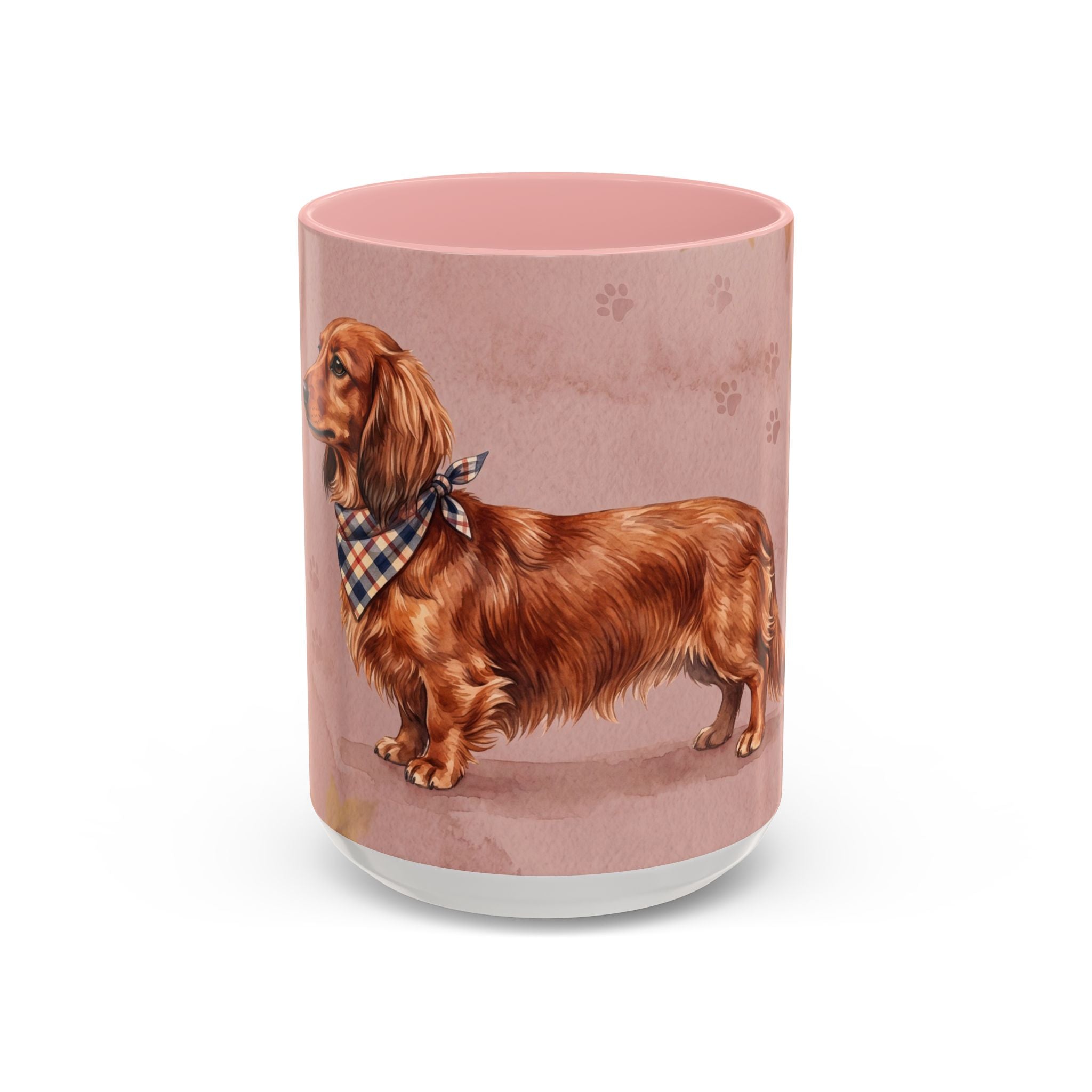 Dachshund Lover Mug | Long-Haired Wiener Dog with Plaid Bandana, Dusty Rose Watercolor Dog Gift