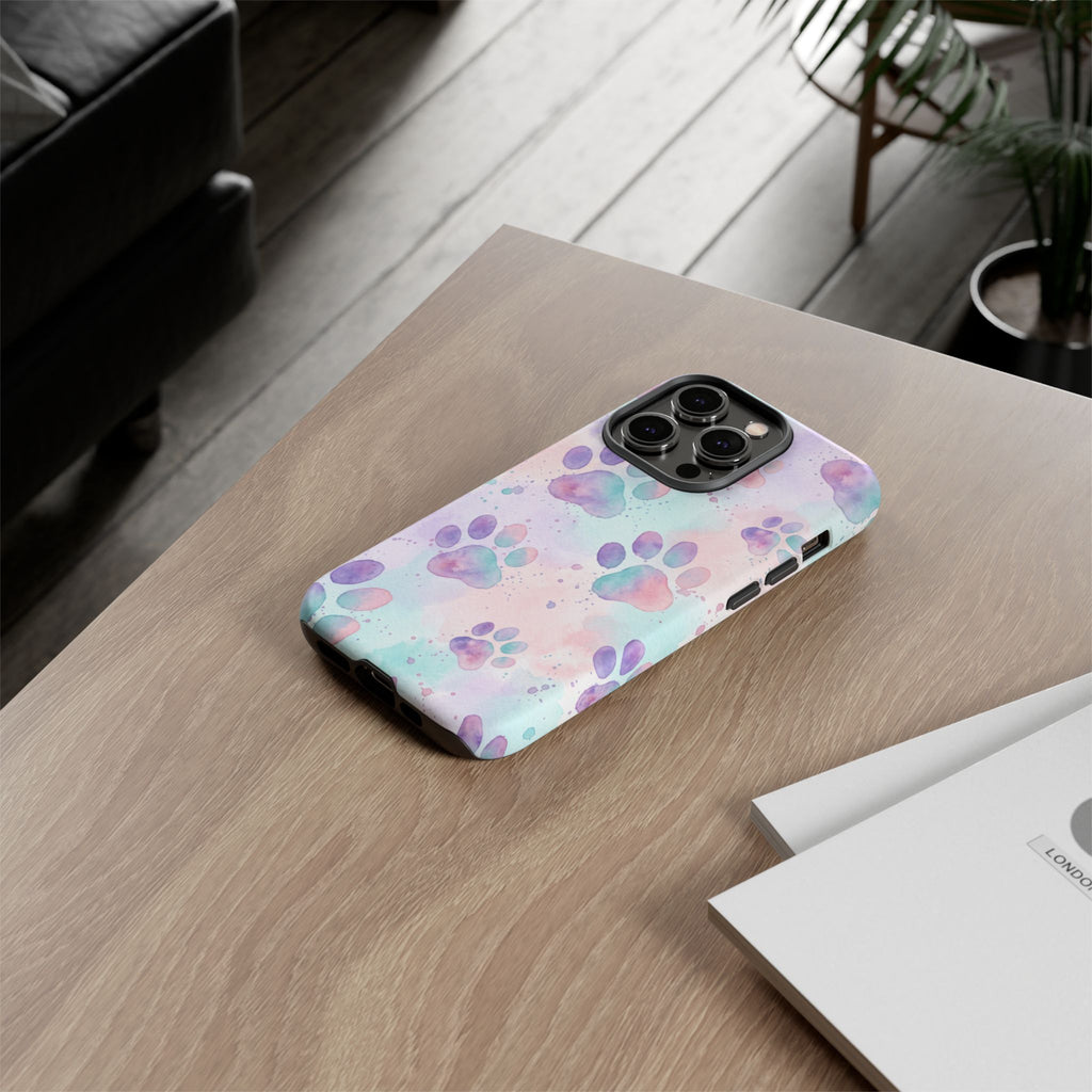 Watercolor Paw Print Phone Case | Pastel Purple, Teal & Pink Artistic Pattern | Samsung & iPhone