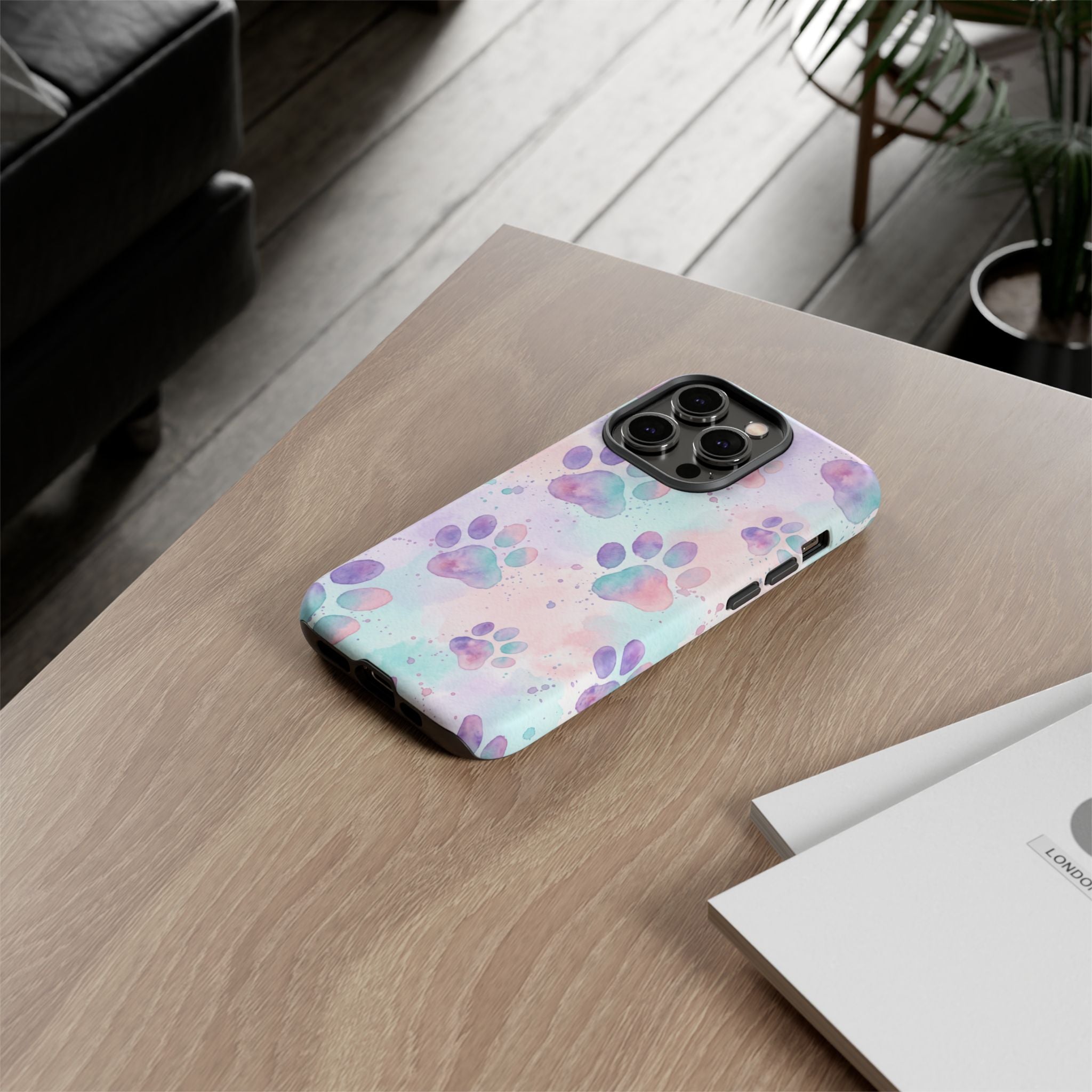 Watercolor Paw Print Phone Case | Pastel Purple, Teal & Pink Artistic Pattern | Samsung & iPhone