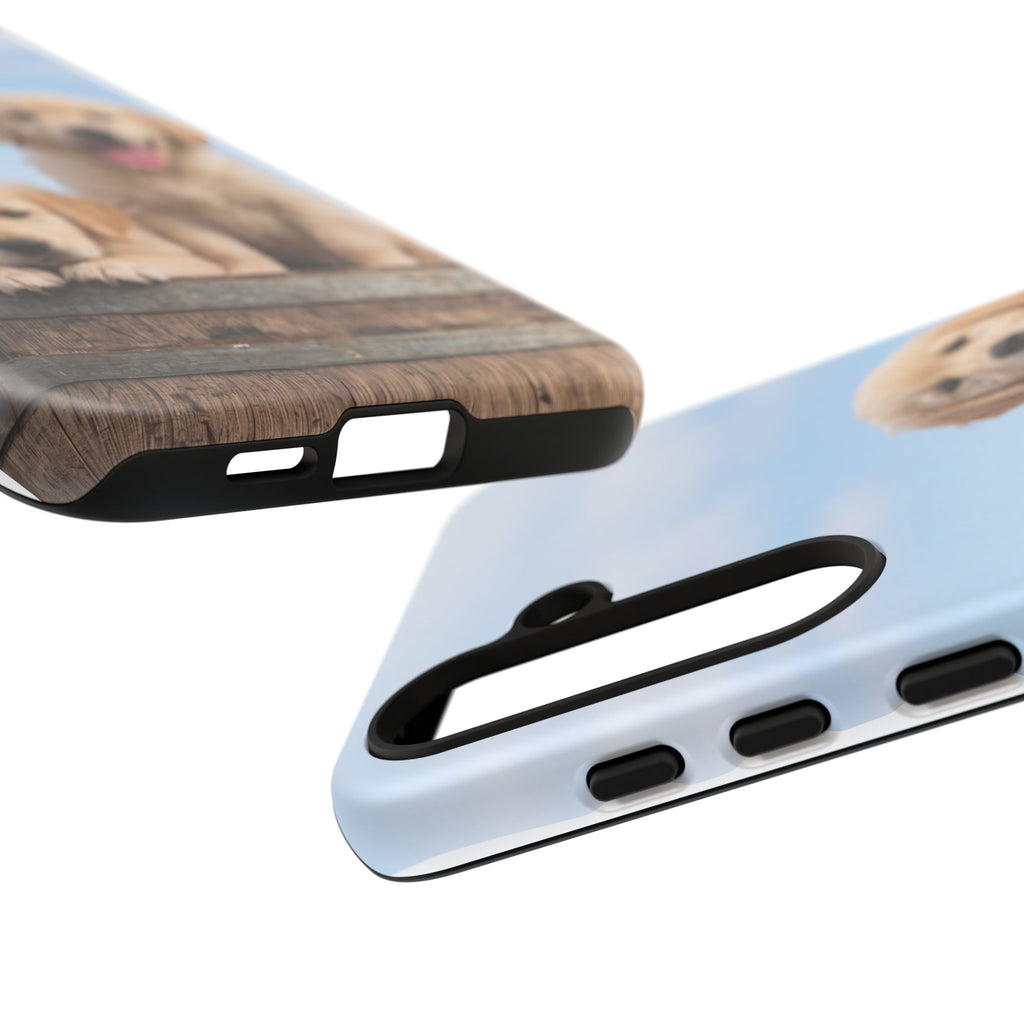 Golden Retriever Puppies on Barrel Phone Case | Cute Duo Under Blue Sky | iPhone & Samsung