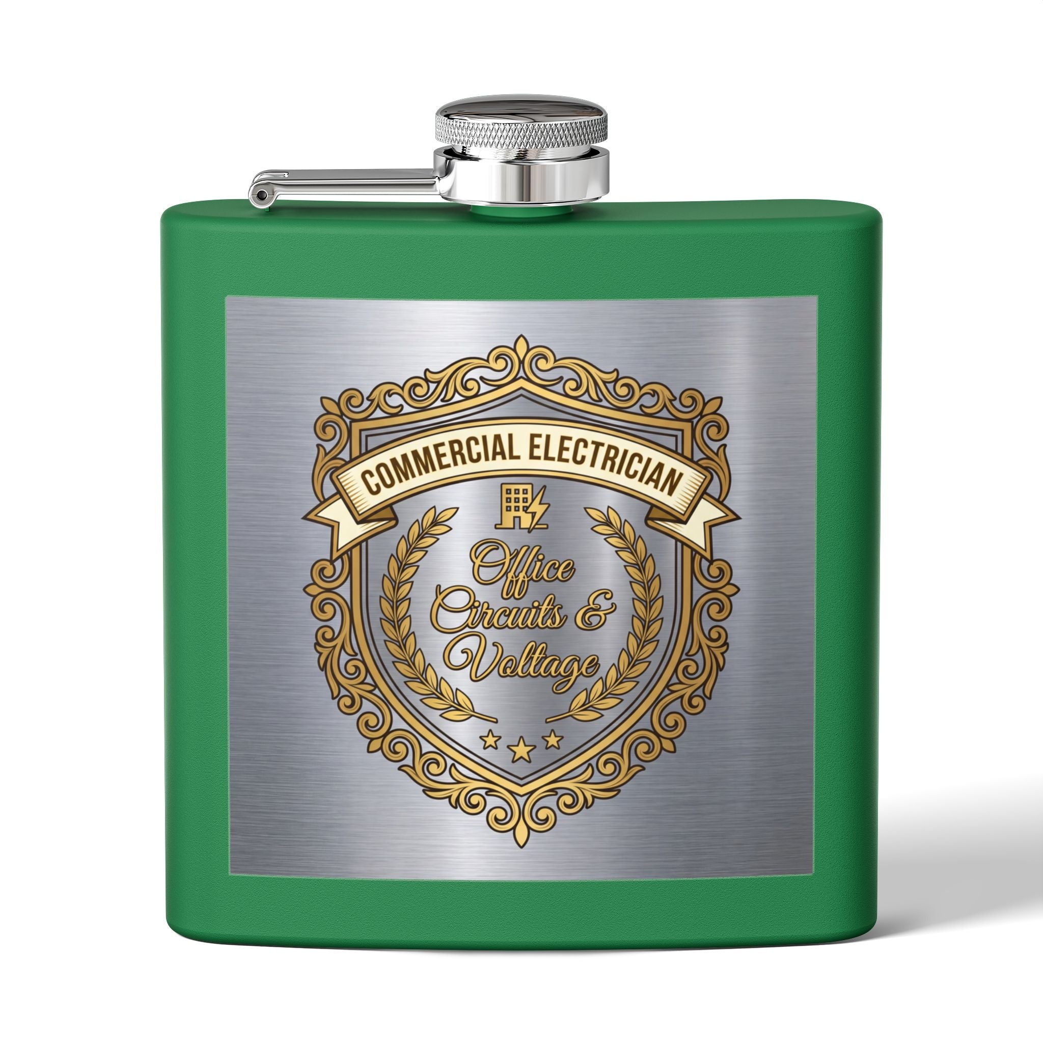 Flask — "Commercial Electrician: Office Circuits & Voltage" (Shield Badge) 6oz Stainless Steel Hip Flask