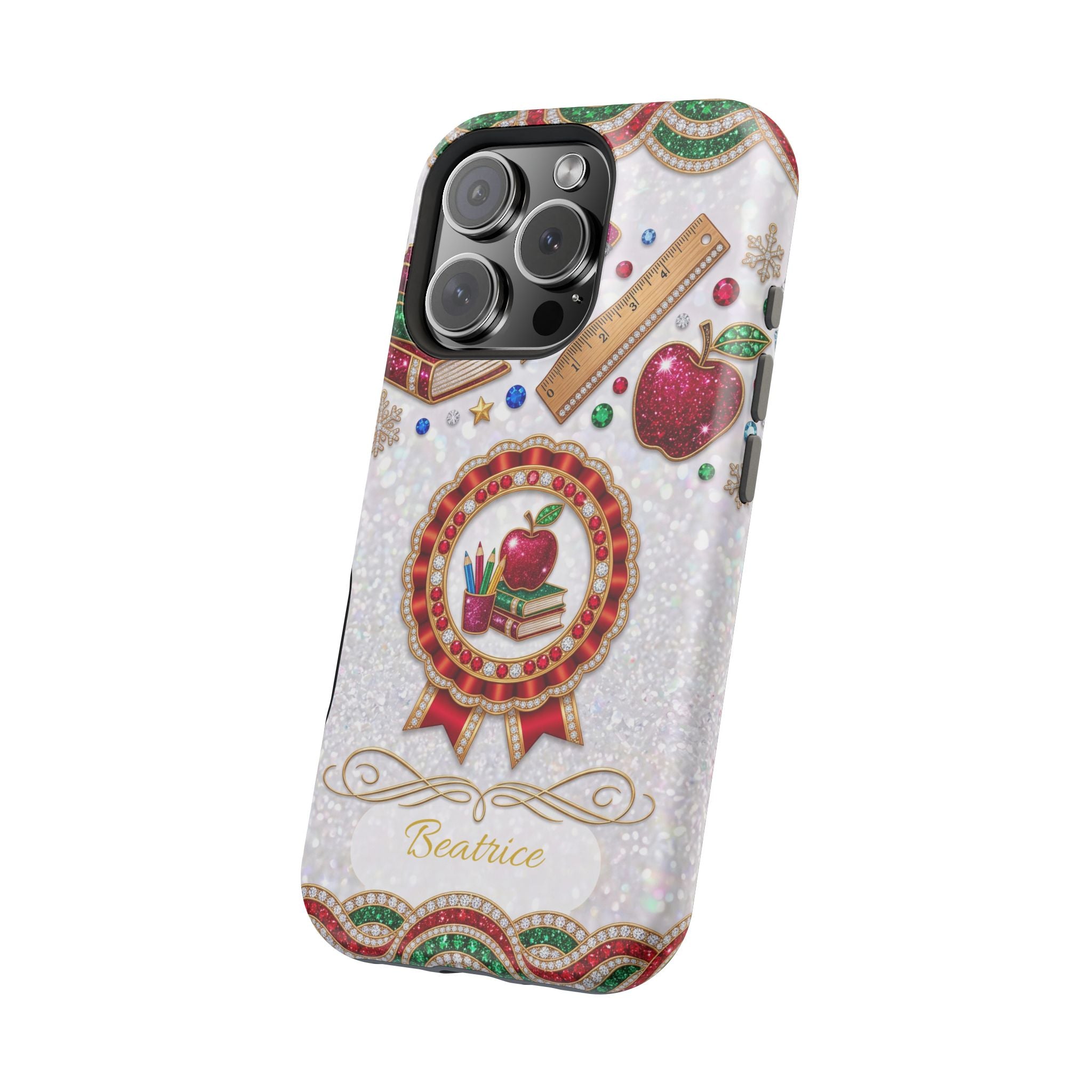 Jeweled Apple Medallion Personalized Teacher Phone Case — Wireless Charging Cover