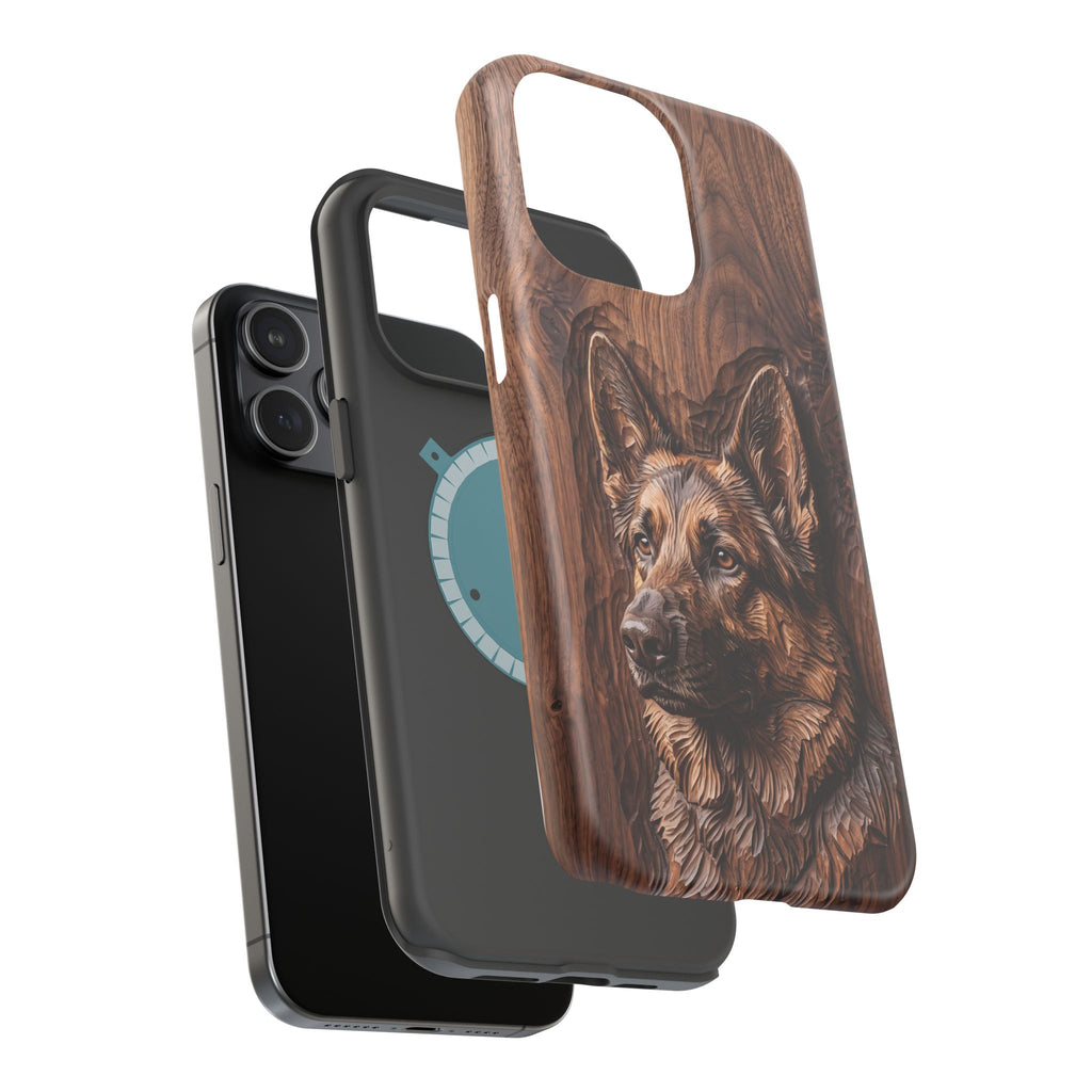 German Shepherd Phone Case | Carved Walnut Art — Tough Magnetic Case with Wireless Charging