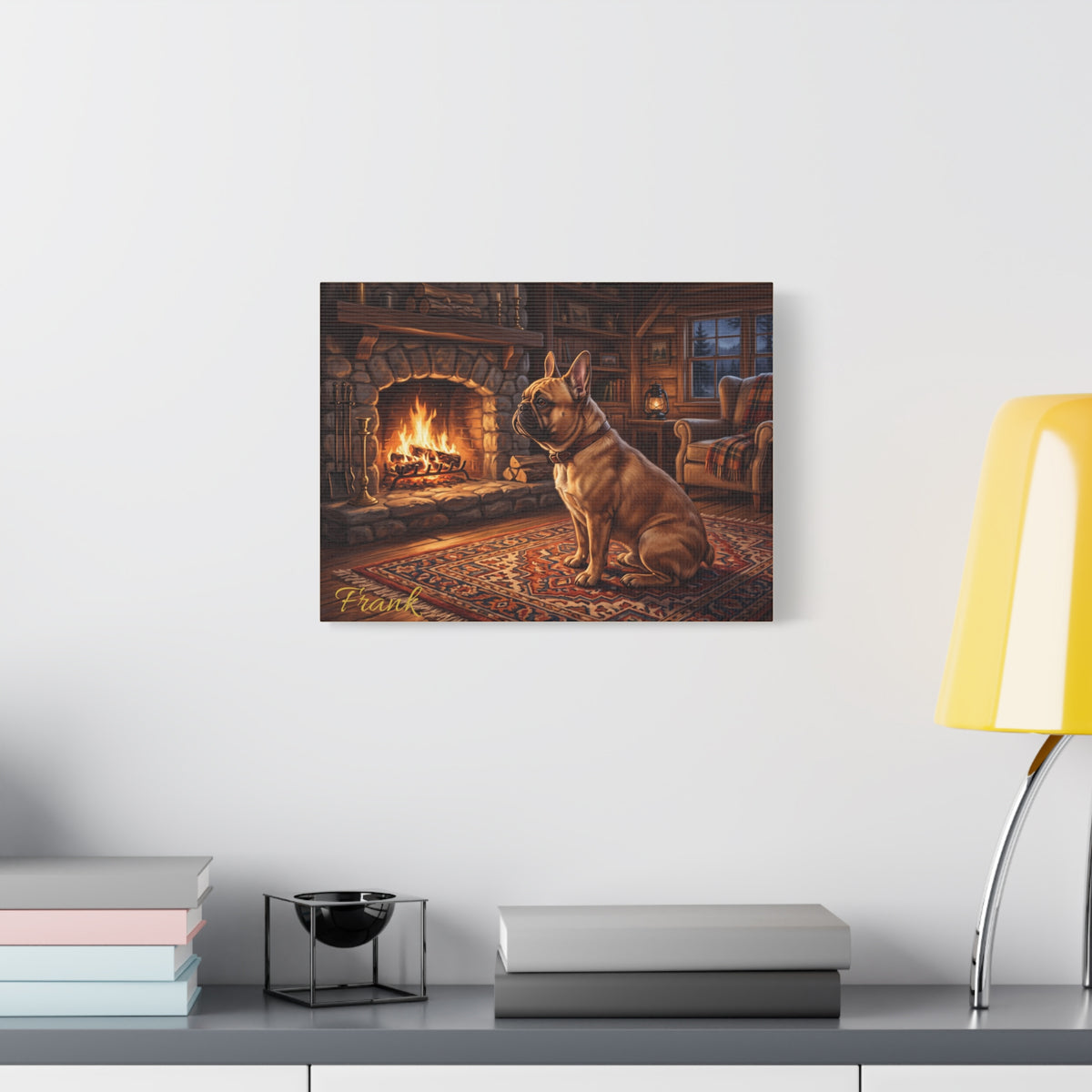 French Bulldog Personalized Canvas | Cozy Cabin Fireplace Wall Art