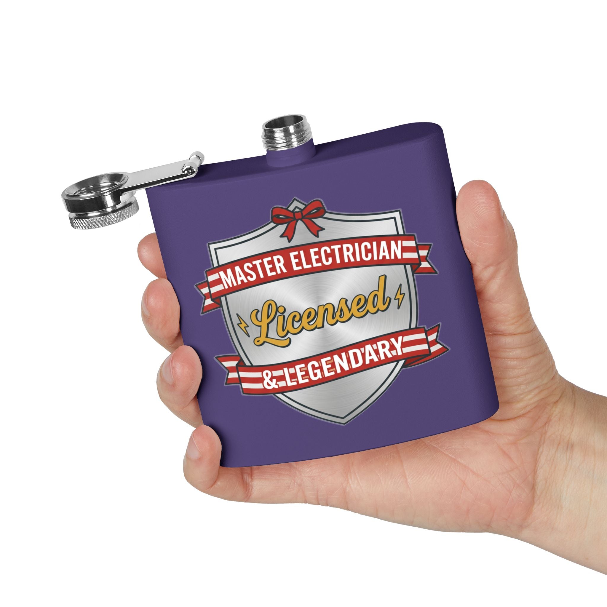 Flask — "Master Electrician: Licensed & Legendary" (Shield Badge) 6oz Stainless Steel Hip Flask