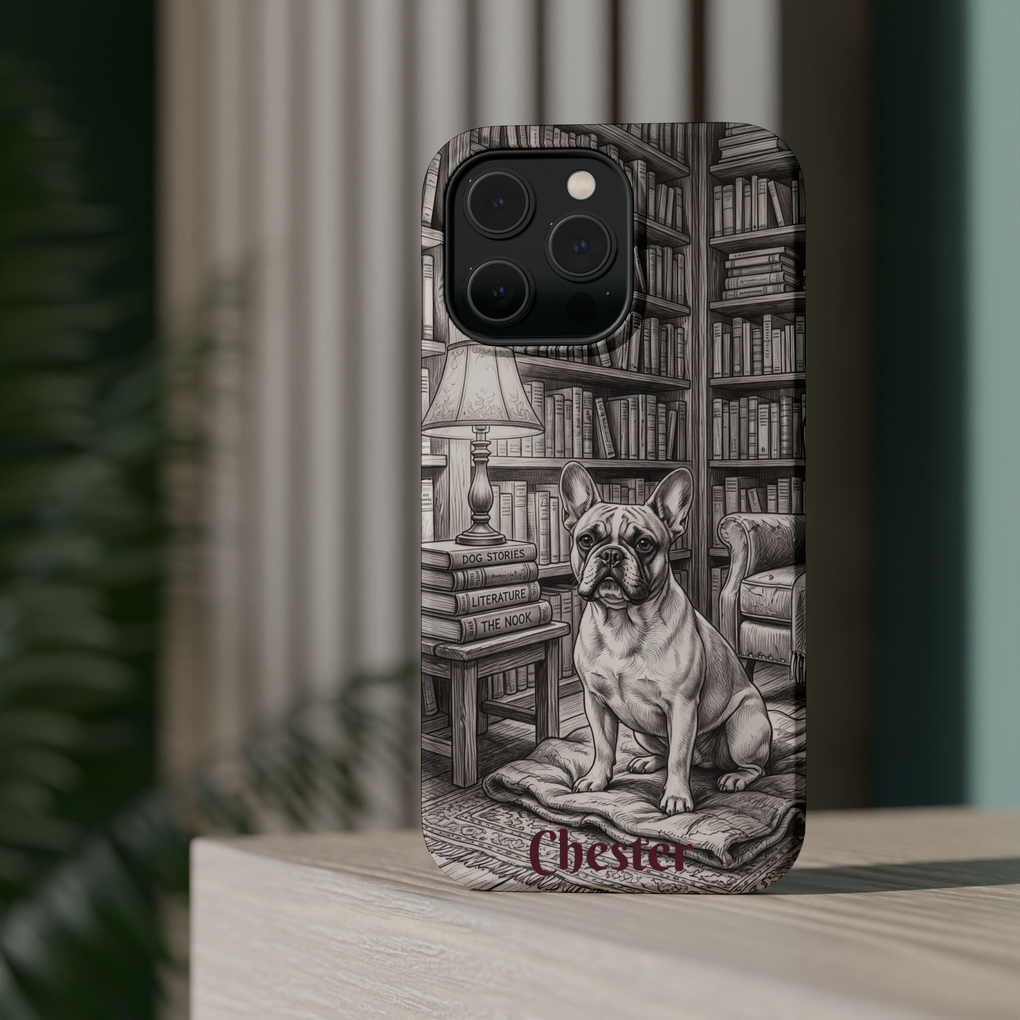 Personalized French Bulldog Library Study Phone Case — Wireless Charging Cover