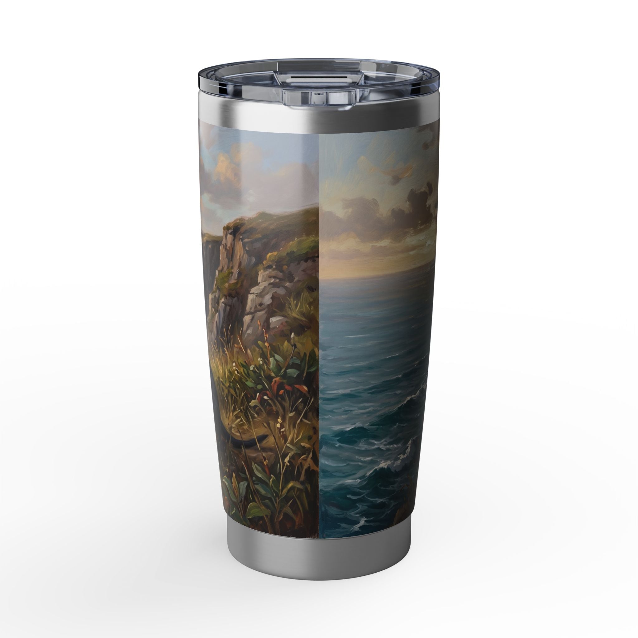 Dachshund Coastal Cliffs Stainless Tumbler — 20 oz Personalized Travel Mug with Seaside Landscape Design