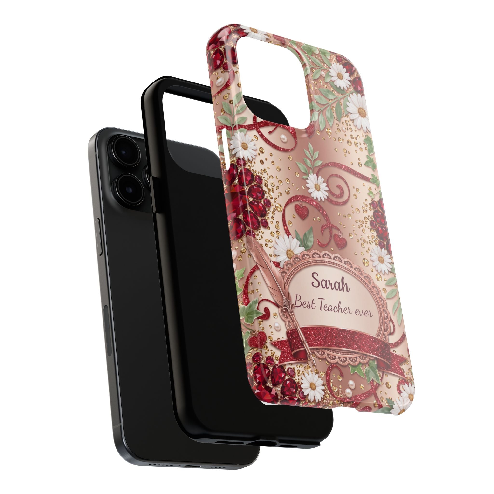 Personalized Teacher Phone Case — Custom Name and Message - Floral Jeweled Design