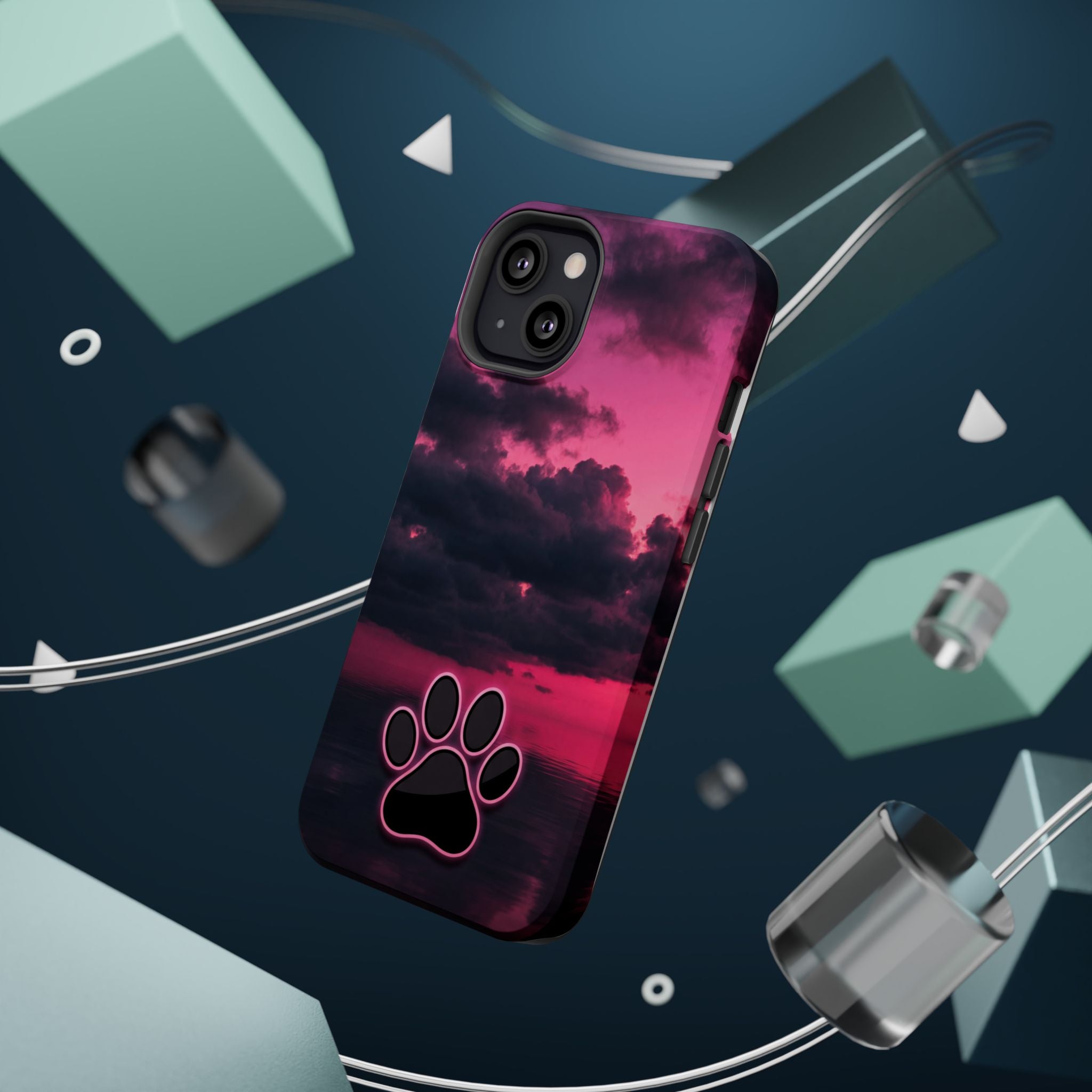 iPhone & Samsung Magnetic Impact-Resistant Phone Case — Pink Twilight Cloud with Paw Print