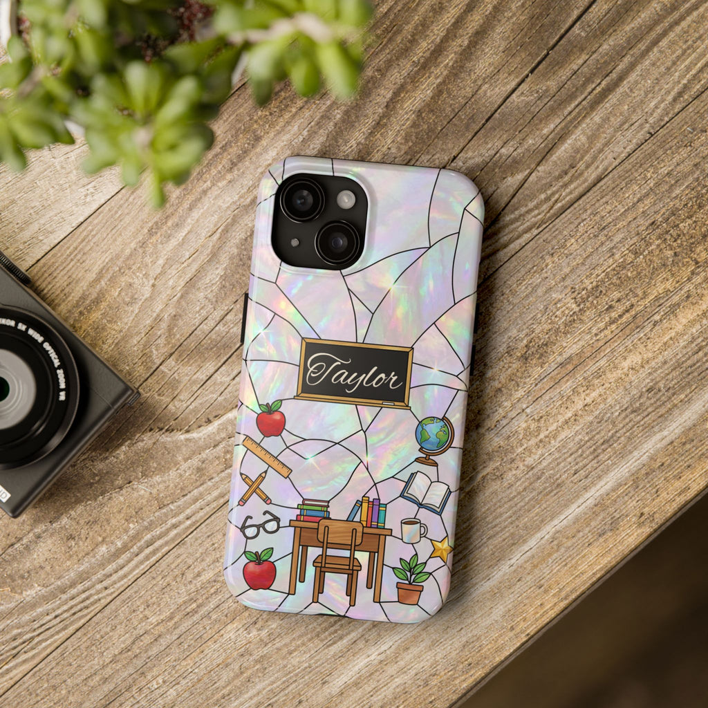 Personalized Teacher Phone Case — Custom Name Stained Glass Classroom Design