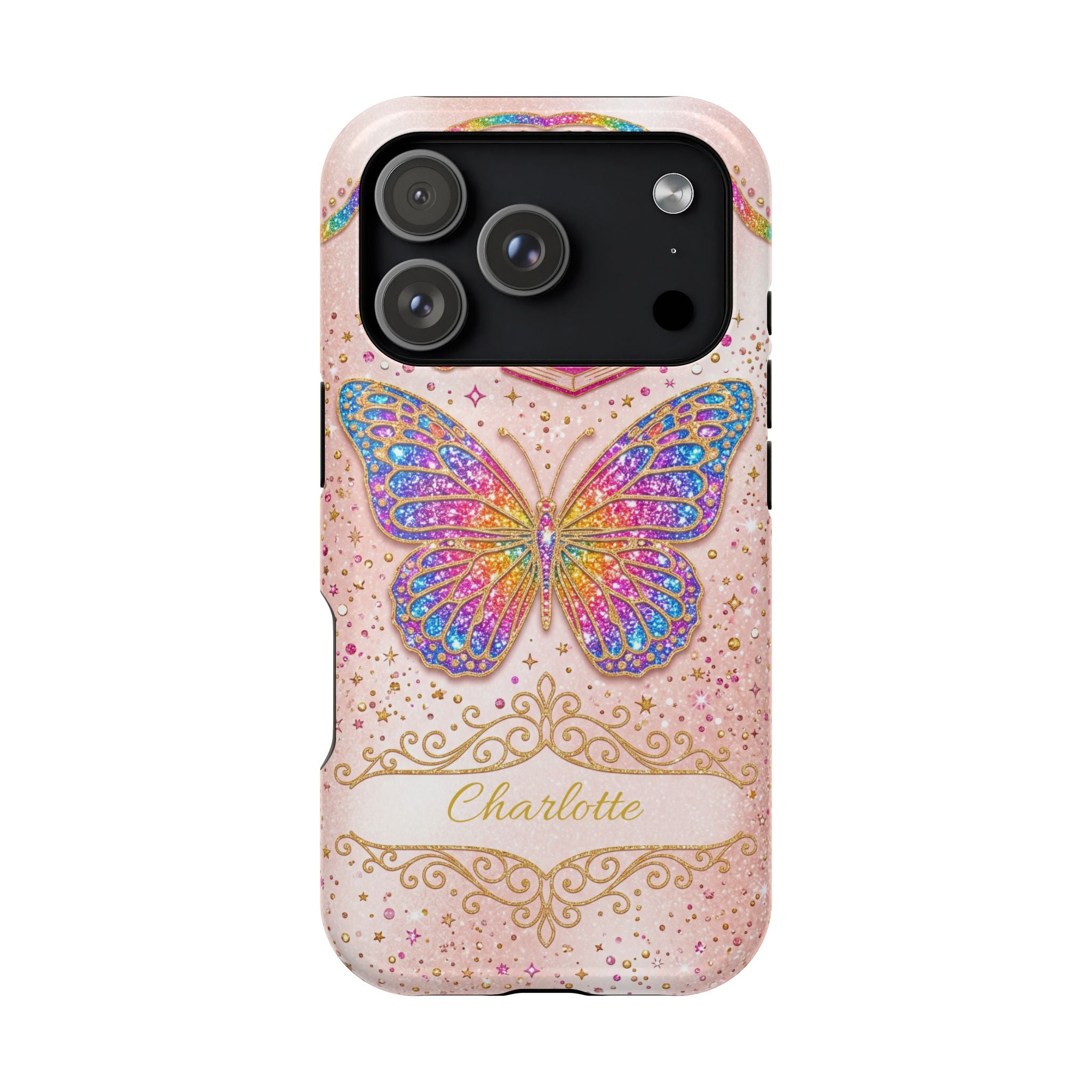 Blush Glitter Butterfly Personalized Teacher Phone Case — Wireless Charging Cover
